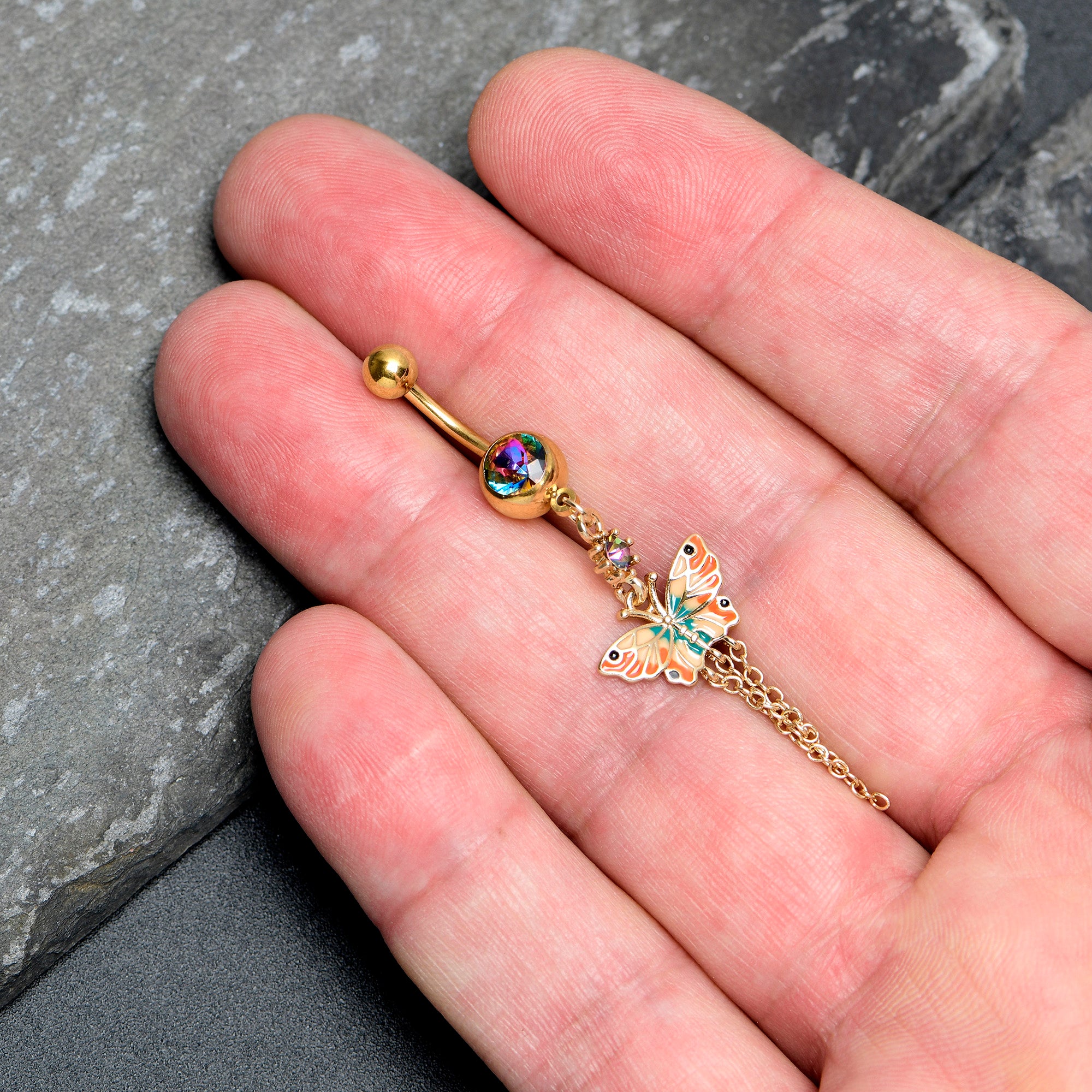 Vitrail Gem Gold Tone Sunrise Butterfly Dangle Belly Ring