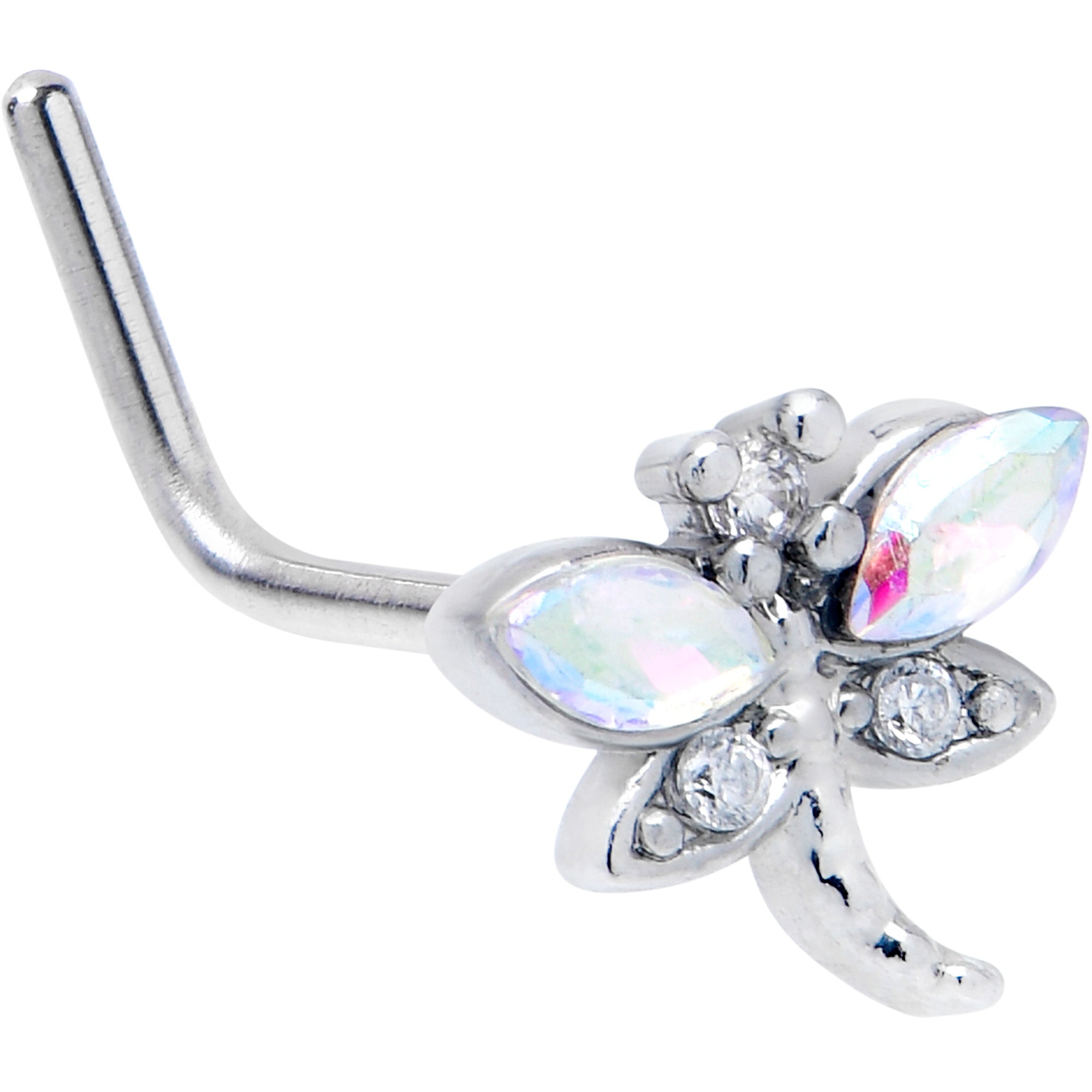 20G 7mm Aurora CZ Gem Understated Dragonfly L Shape Nose Ring