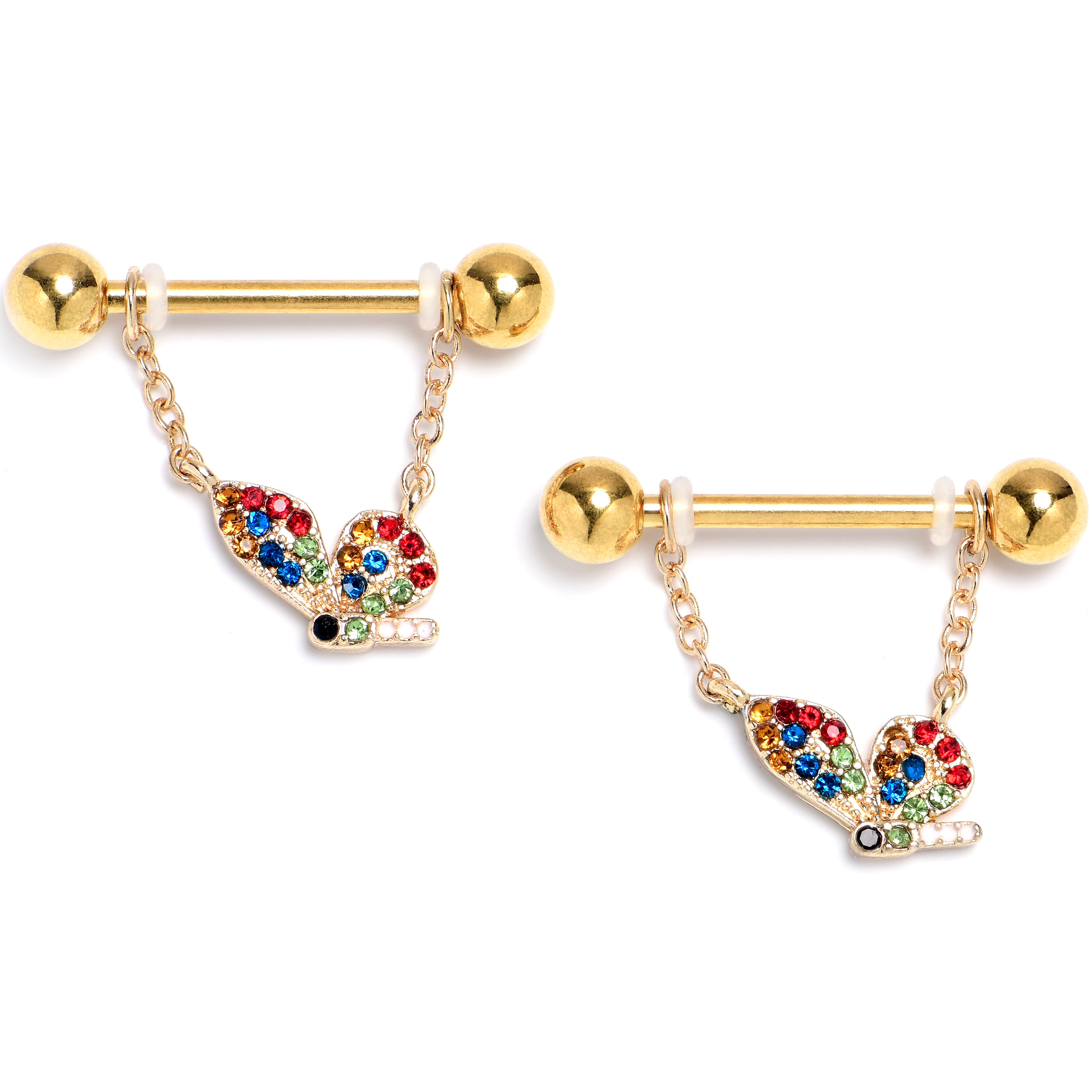 14G 9/16 Red Blue Gem Gold Tone Butterfly Dangle Nipple Ring Set