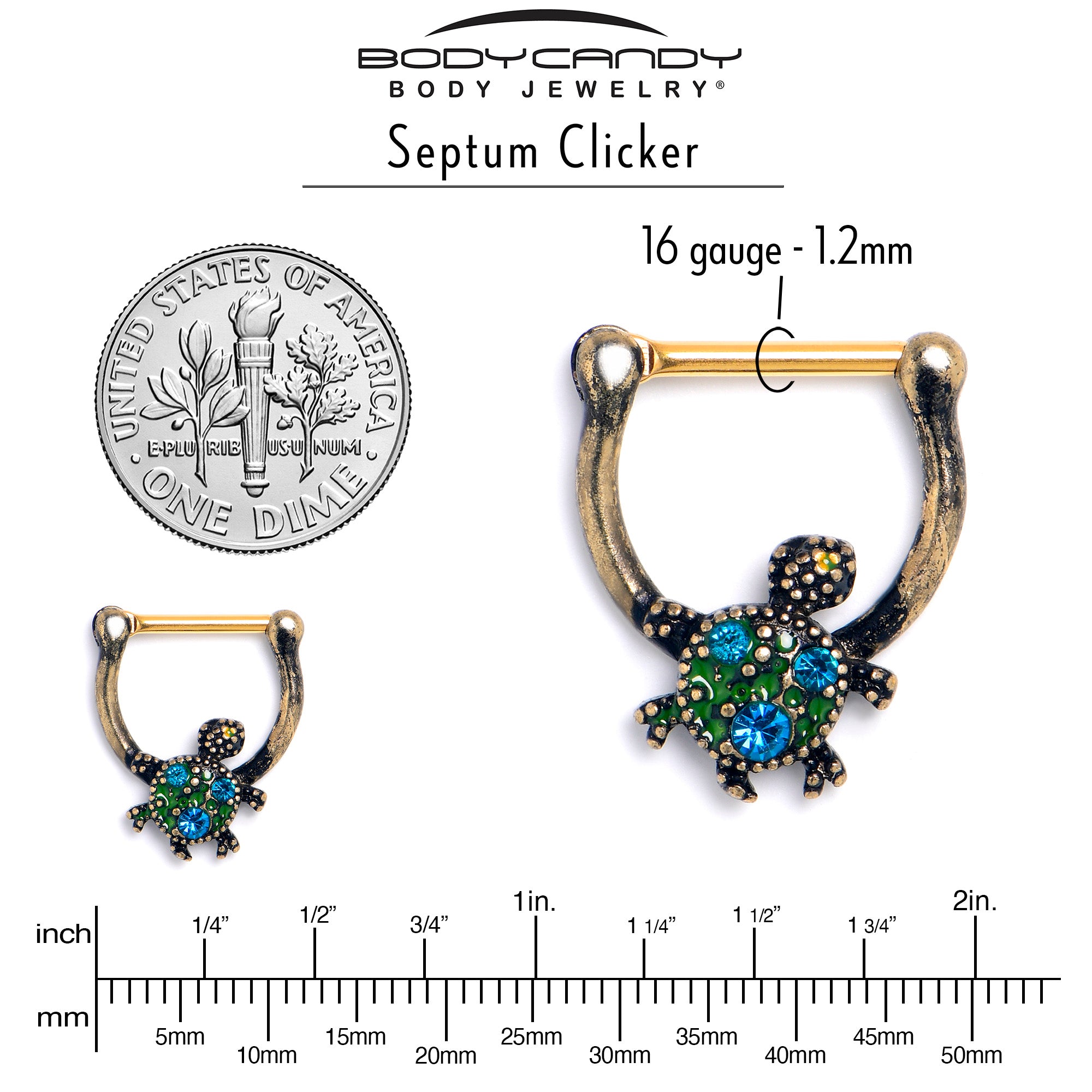16 Gauge 5/16 Blue Gem Gold Tone Sweet Sea Turtle Cartilage Clicker