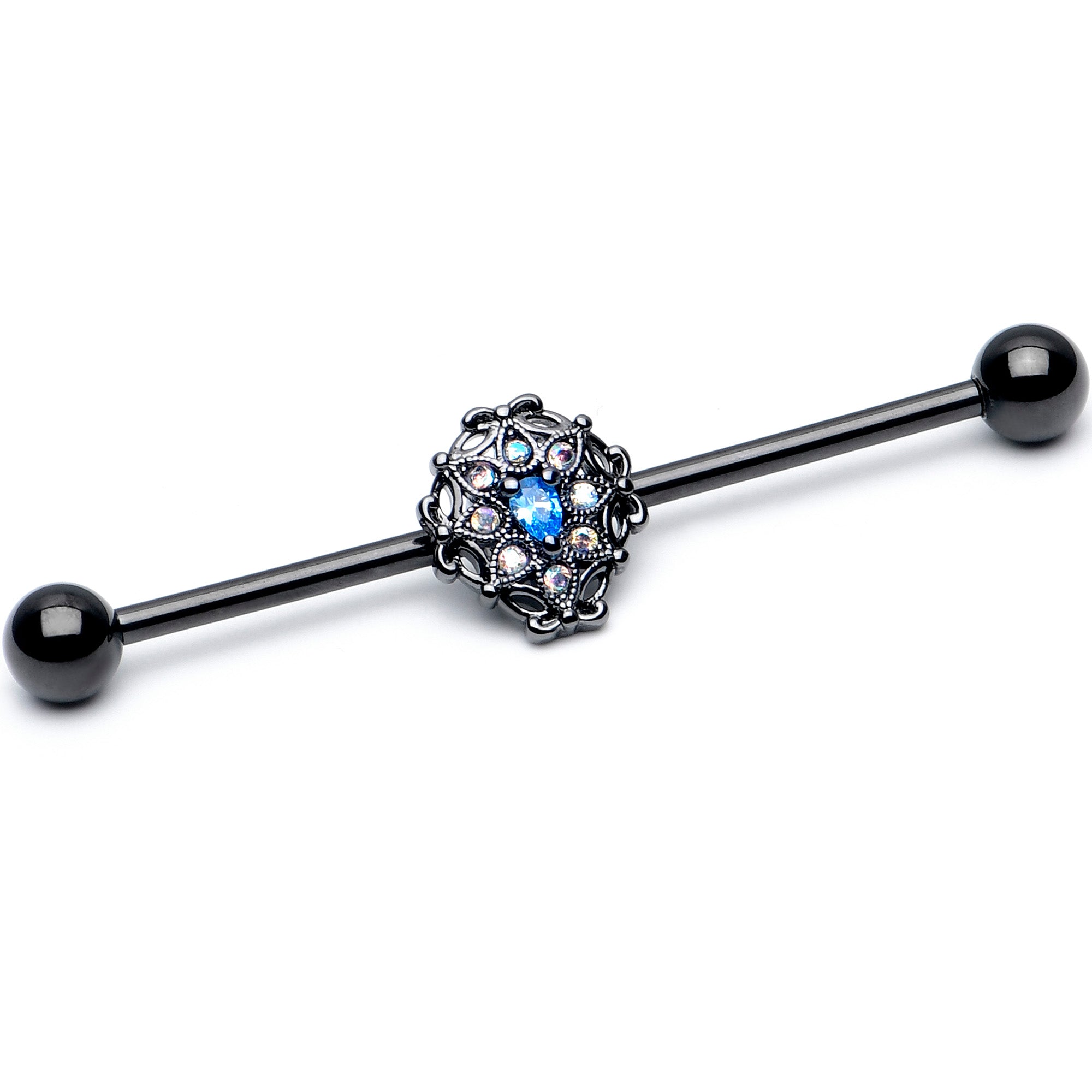 14G Blue Aurora Gem Black Night Blossom Industrial Barbell 38mm