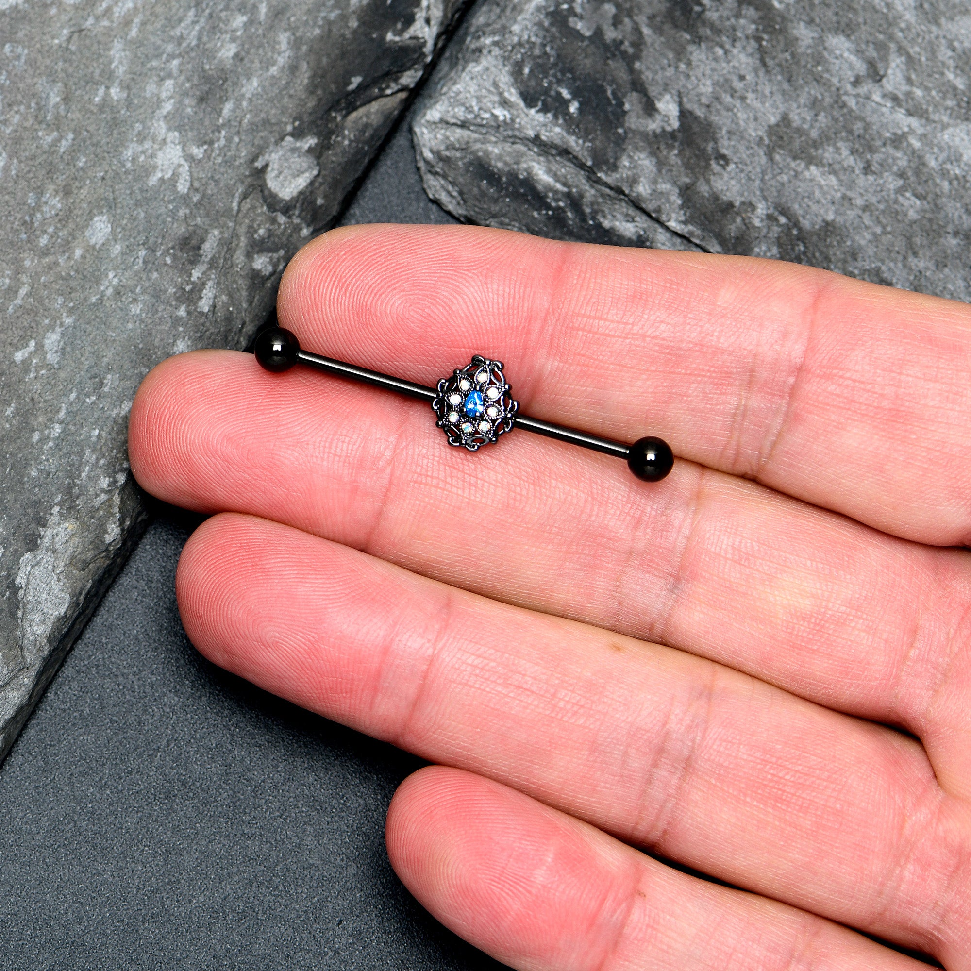 14G Blue Aurora Gem Black Night Blossom Industrial Barbell 38mm