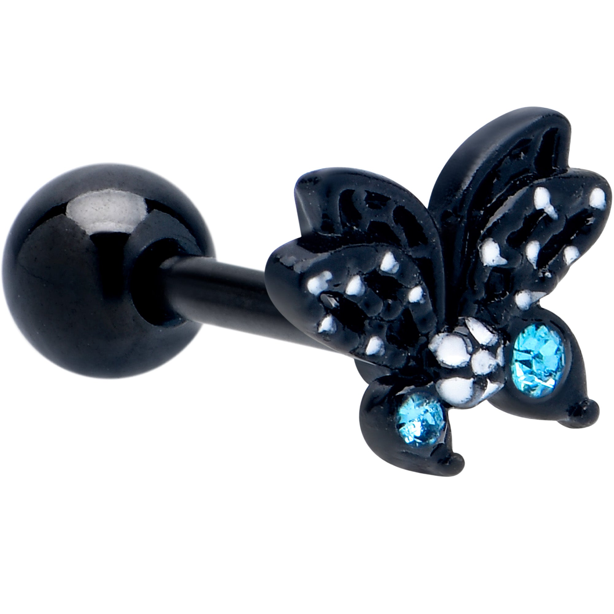 16G 1/4 Blue CZ Gem Black Night Drama Butterfly Cartilage Earring