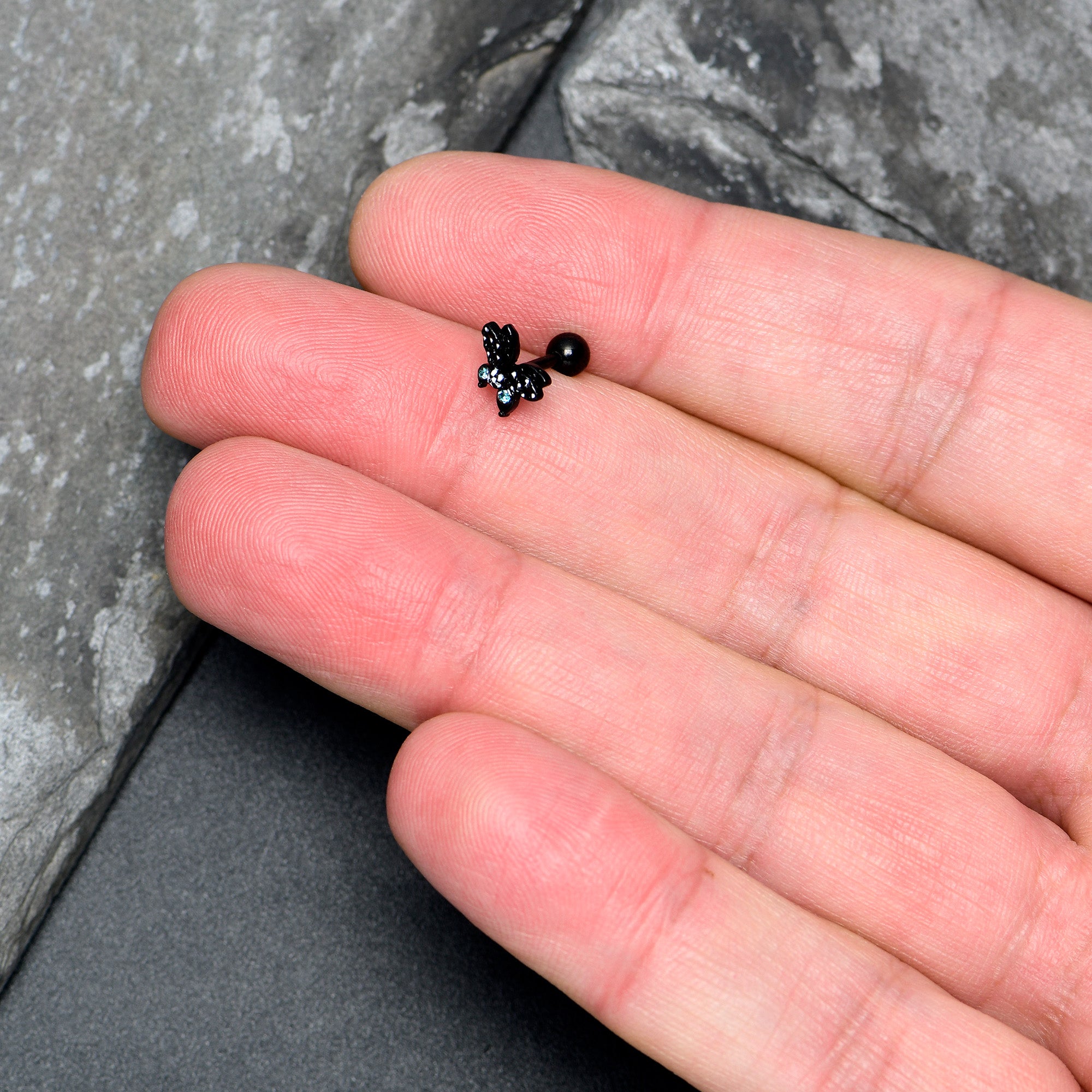 16G 1/4 Blue CZ Gem Black Night Drama Butterfly Cartilage Earring