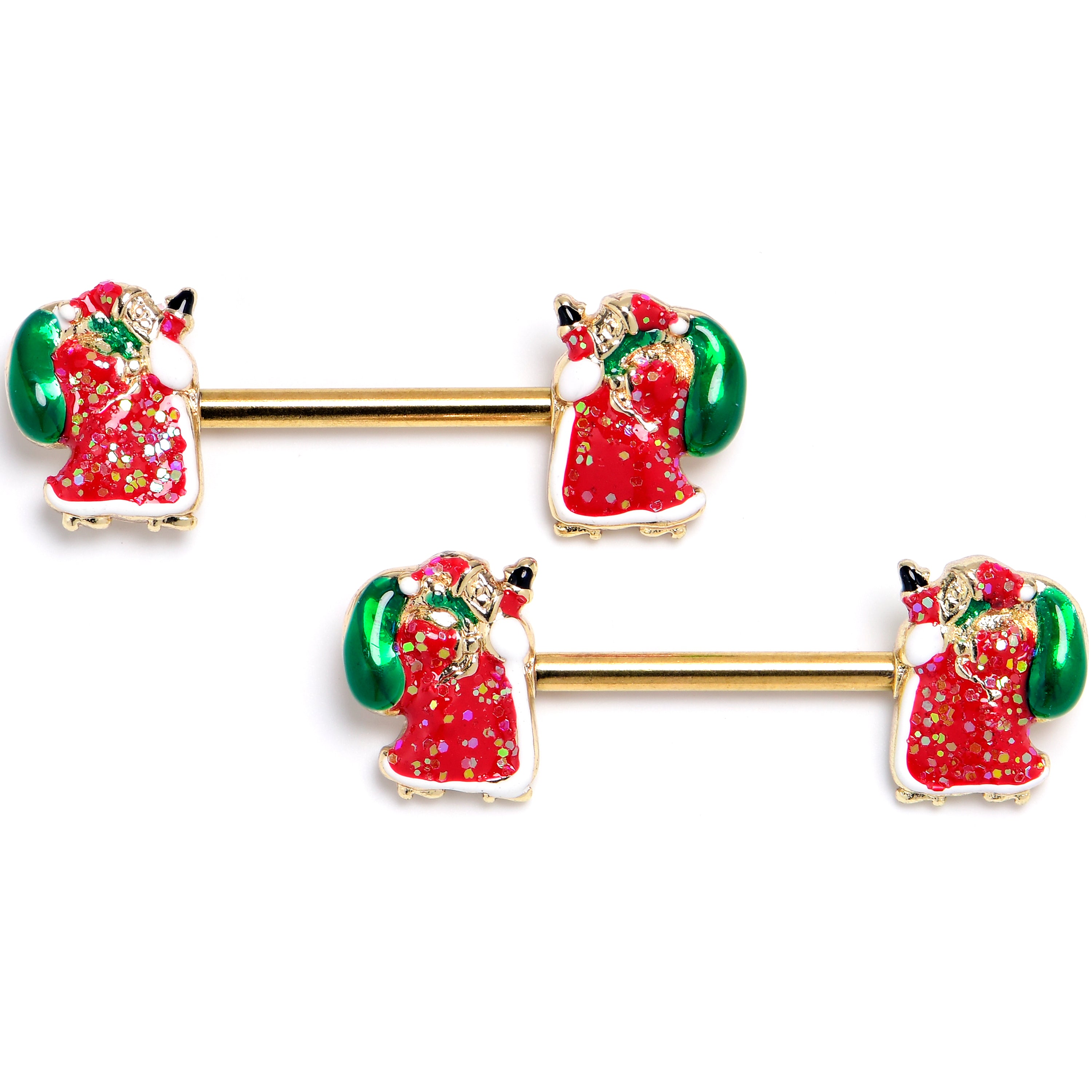 14 Gauge 9/16 Gold Tone Glitter Santa Red Barbell Nipple Ring Set