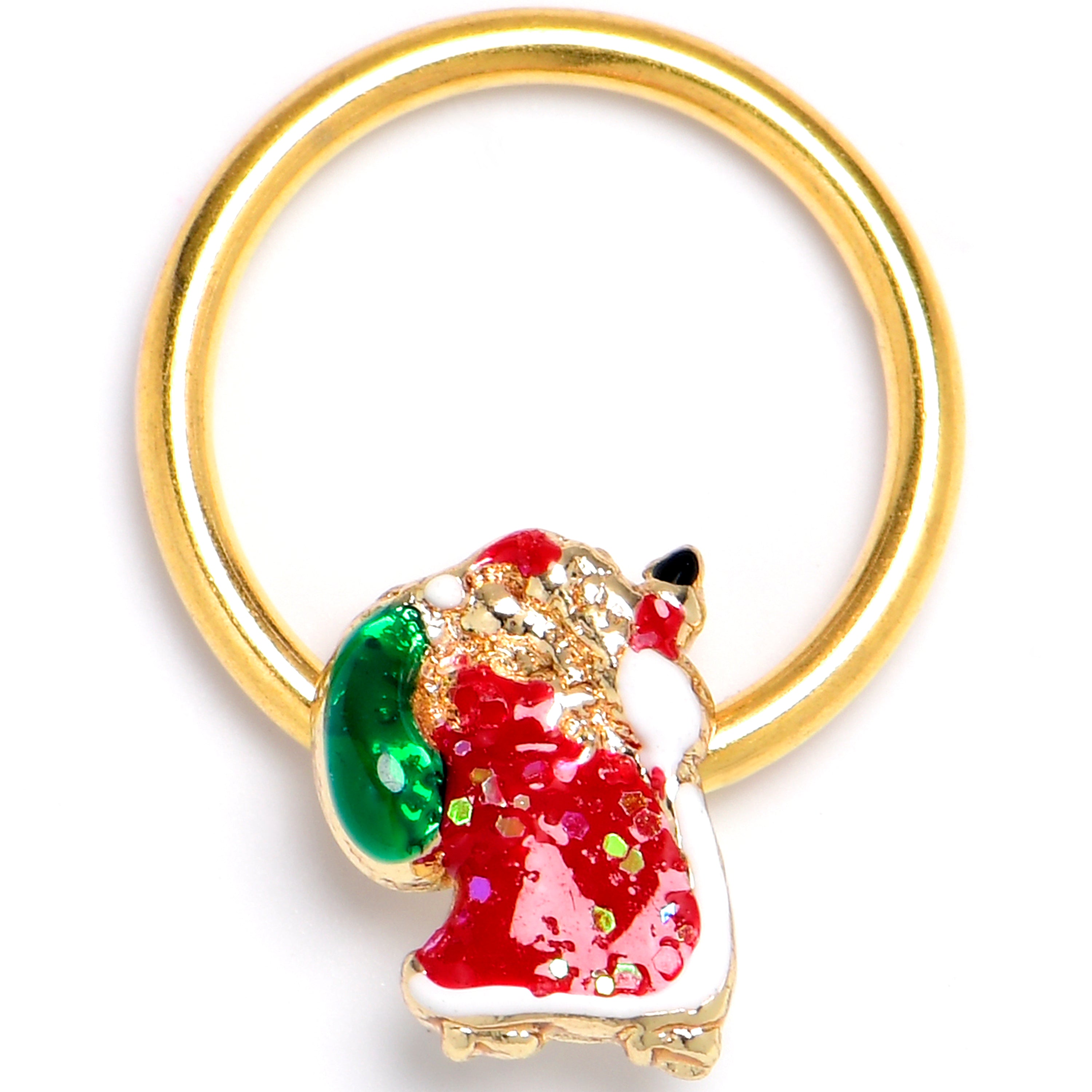 16 Gauge 3/8 Gold Tone Glitter Santa Red Christmas BCR Captive Ring