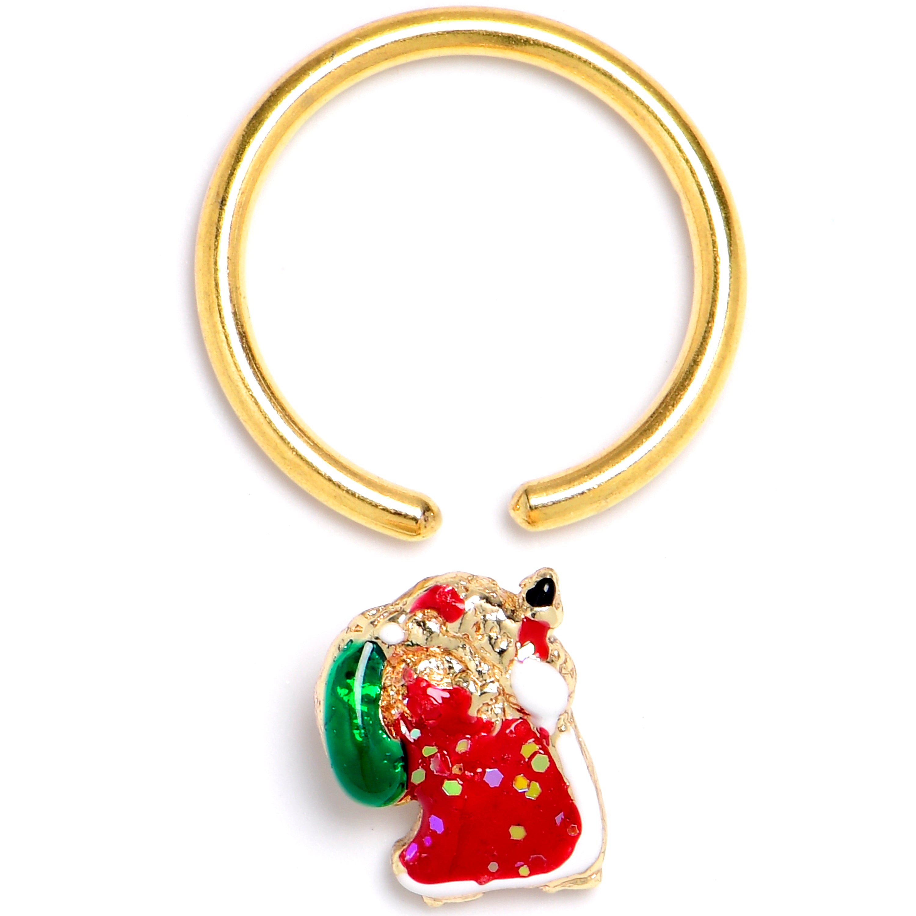 16 Gauge 3/8 Gold Tone Glitter Santa Red Christmas BCR Captive Ring
