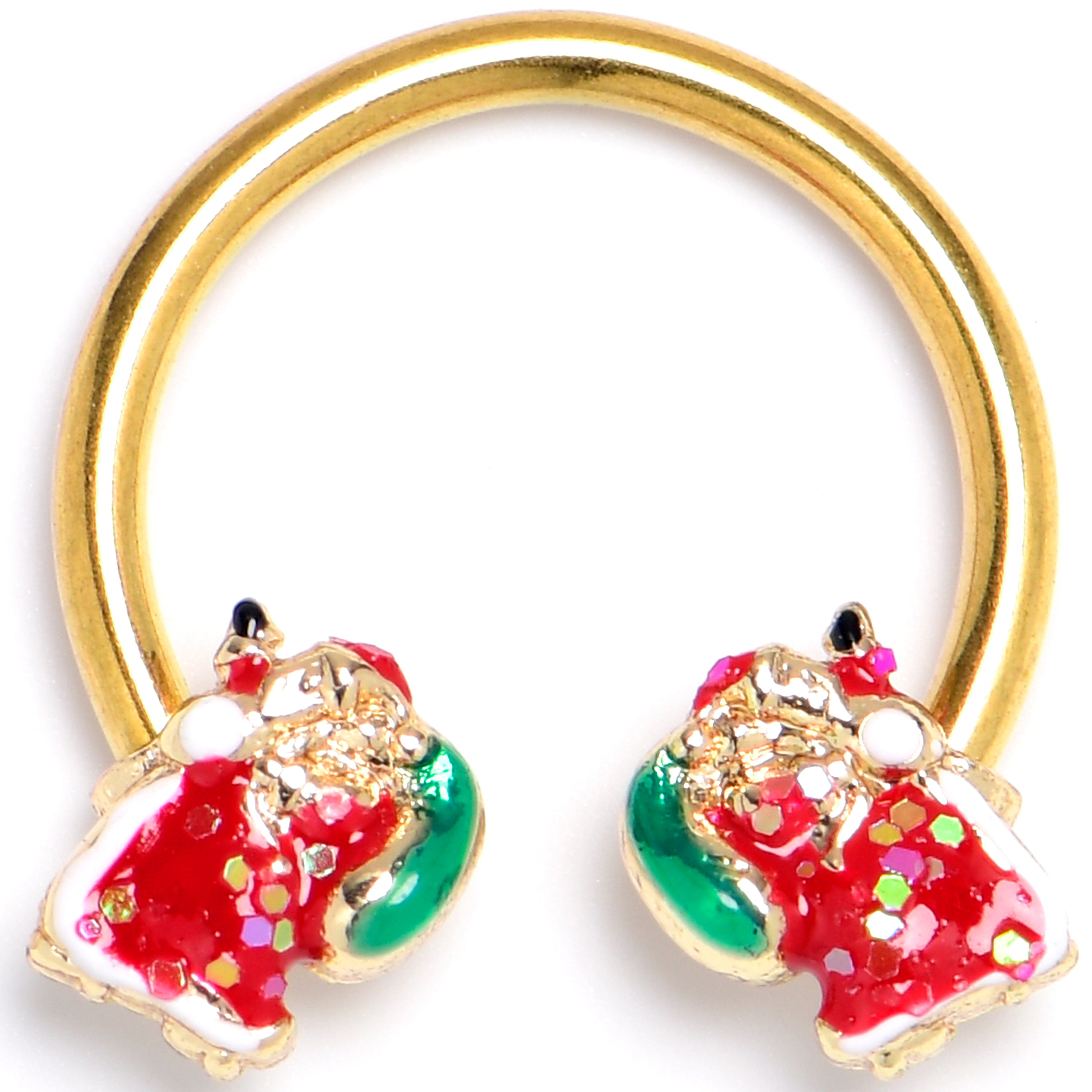 16G 3/8 Gold Tone Glitter Santa Red Horseshoe Circular Barbell