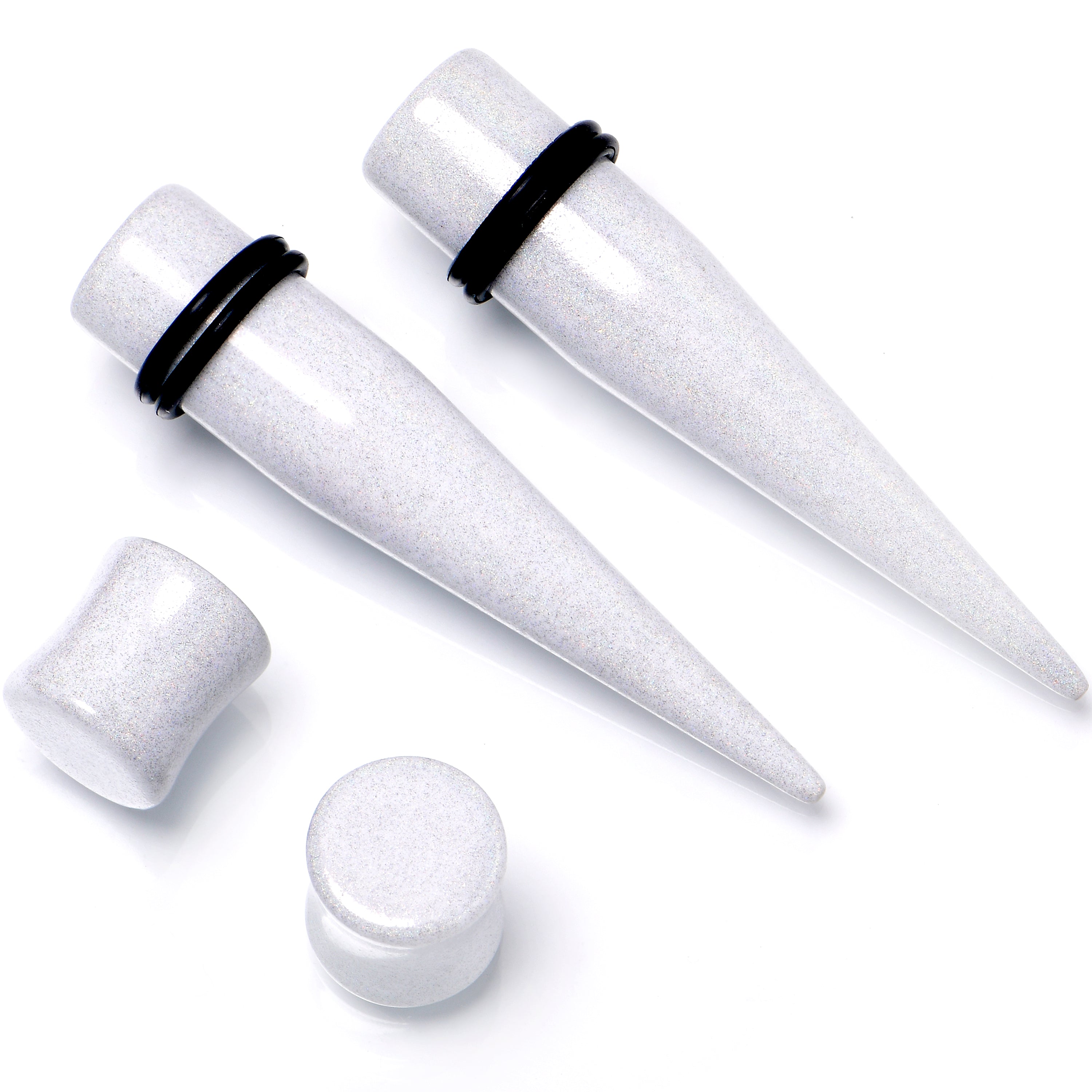 White Acrylic Shimmer Finish Taper Plug Set 6mm to 20mm Sizes