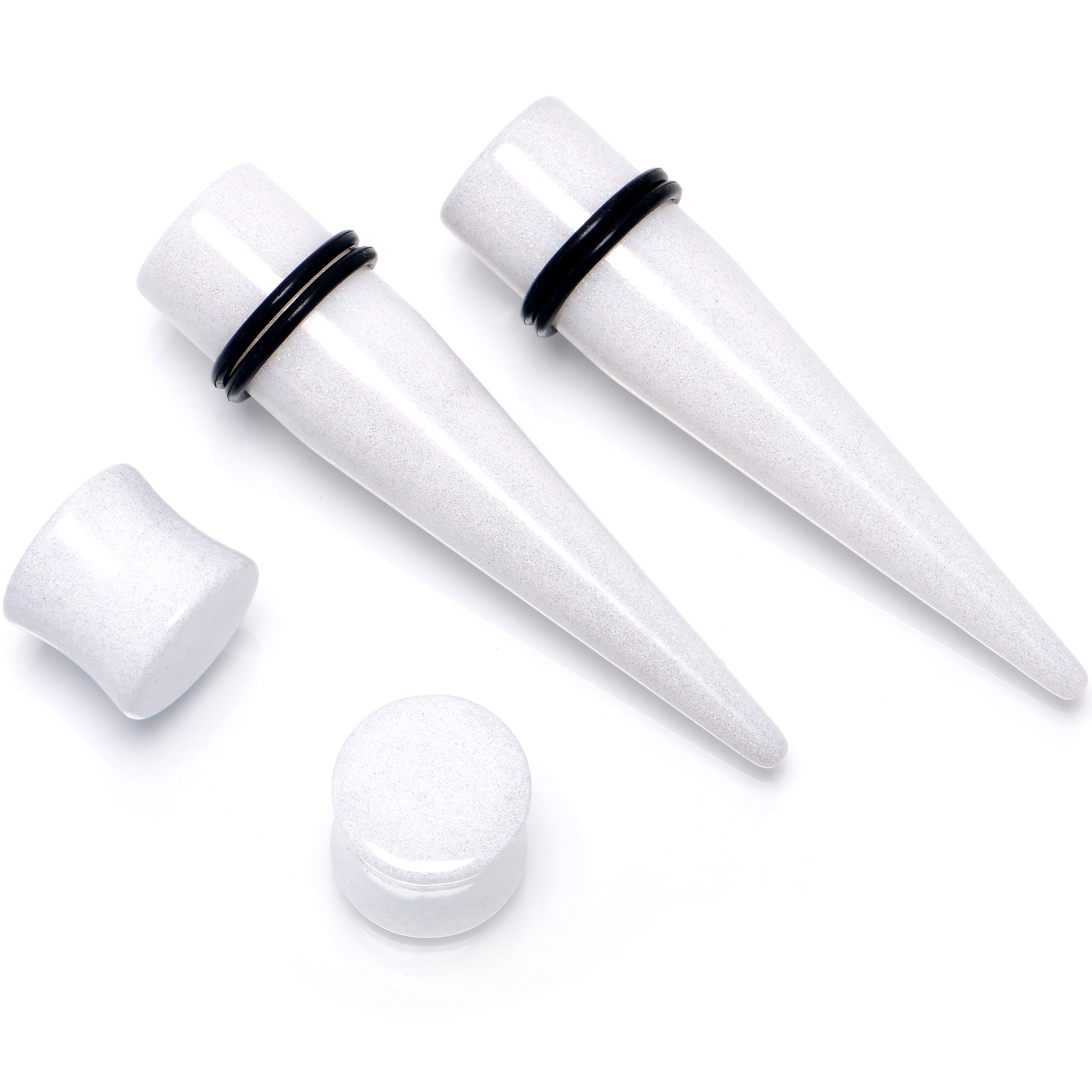 White Acrylic Shimmer Finish Taper Plug Set 6mm to 20mm Sizes