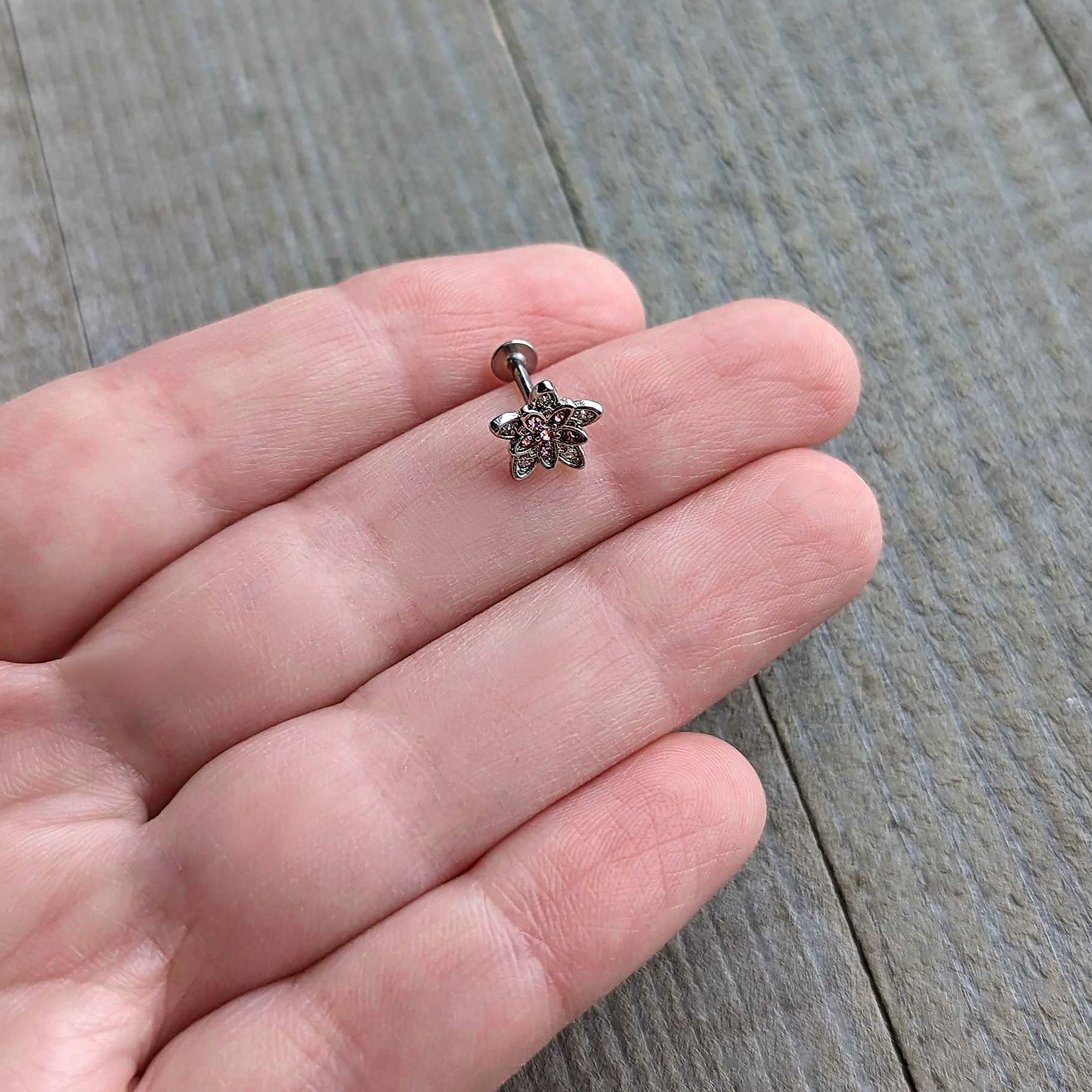 16G 5/16 Pink Clear CZ Gem Snowflake Flower Labret Monroe Tragus