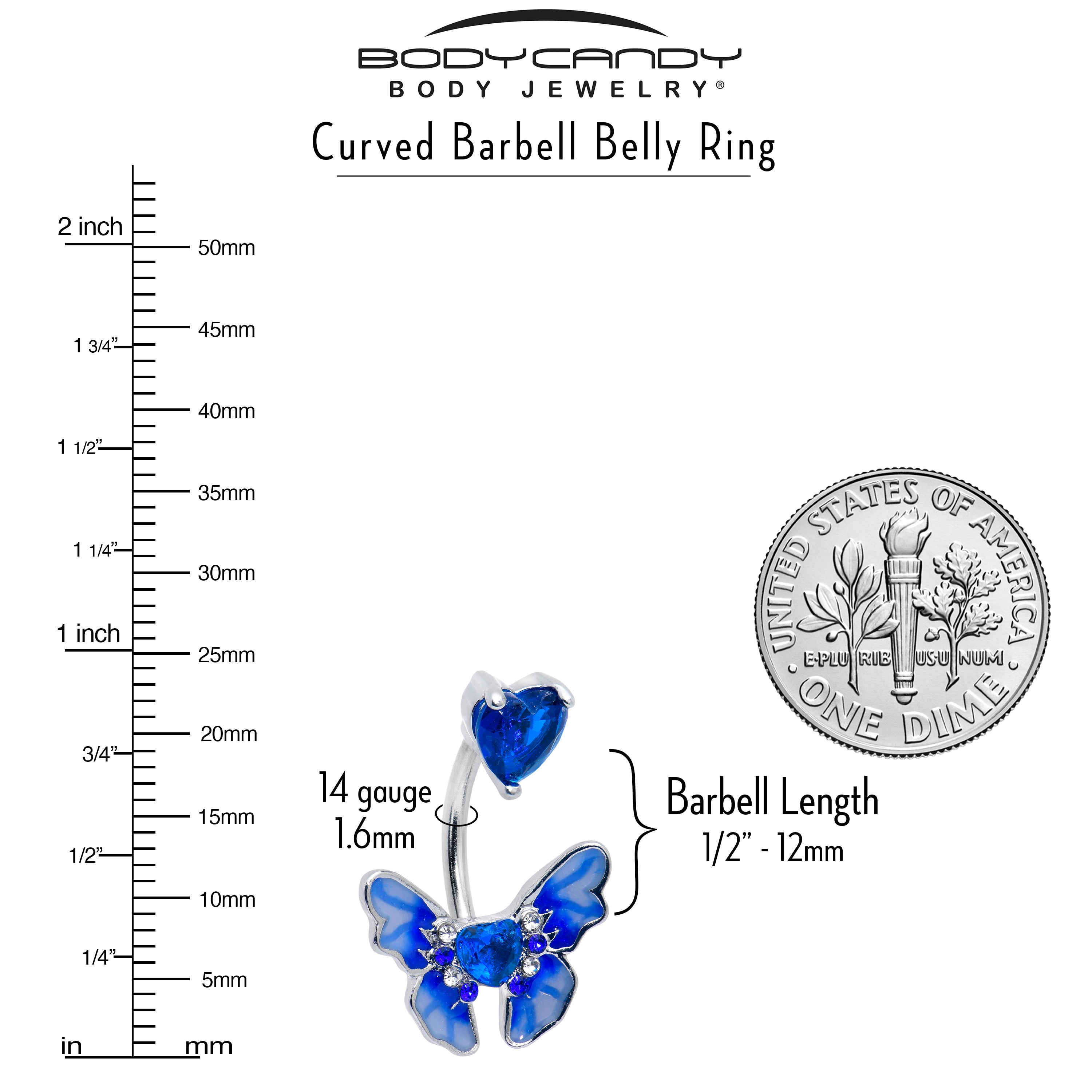 Blue CZ Gem Butterfly Love Heart Double Mount Belly Ring