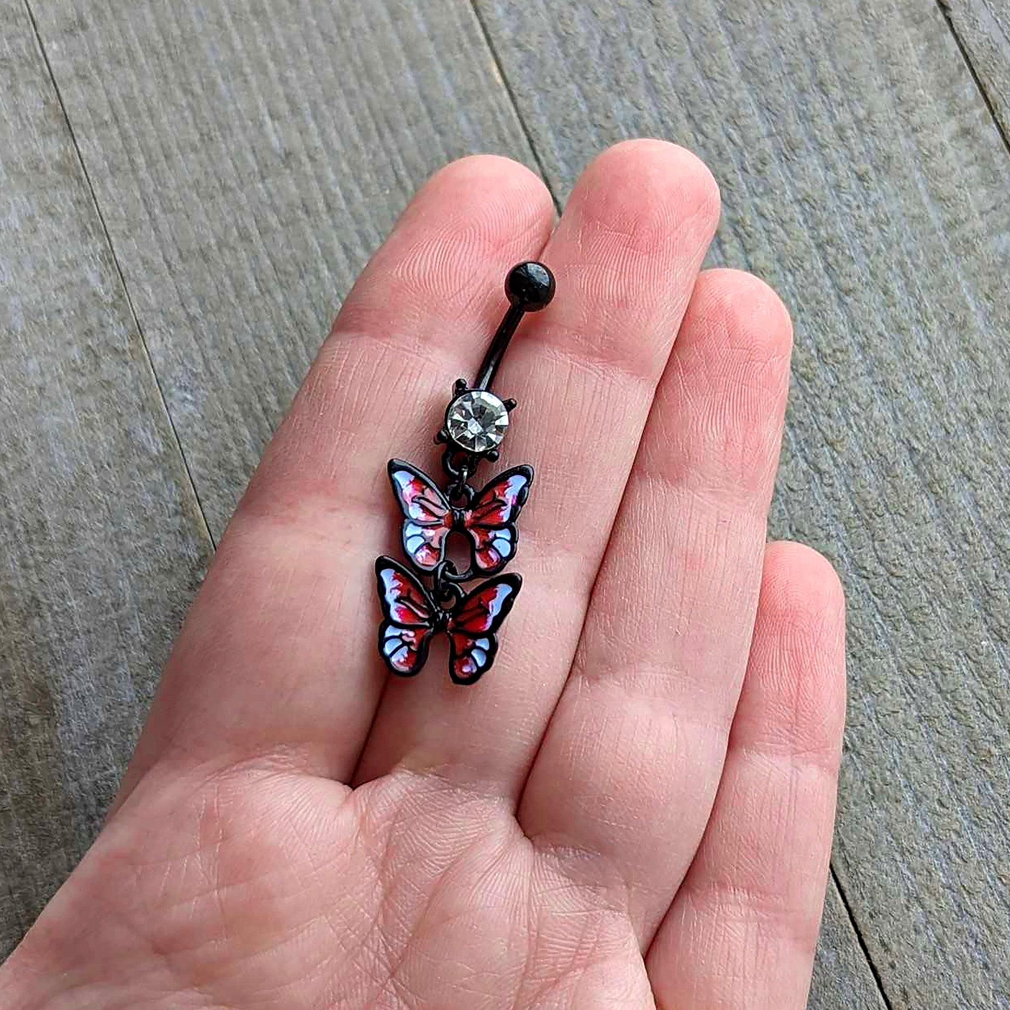 Clear CZ Gem Black Butterfly Duo Red Dangle Belly Ring