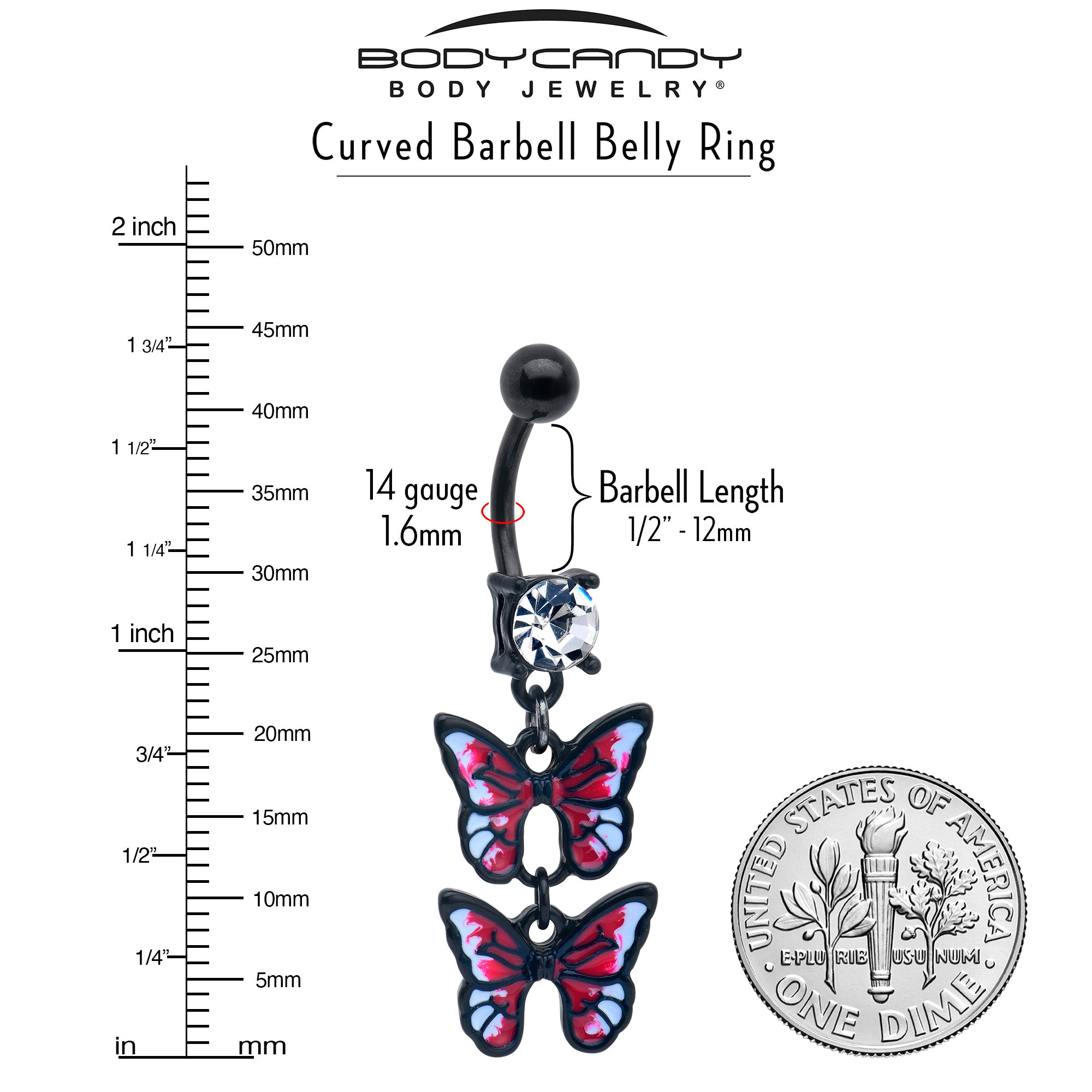 Clear CZ Gem Black Butterfly Duo Red Dangle Belly Ring