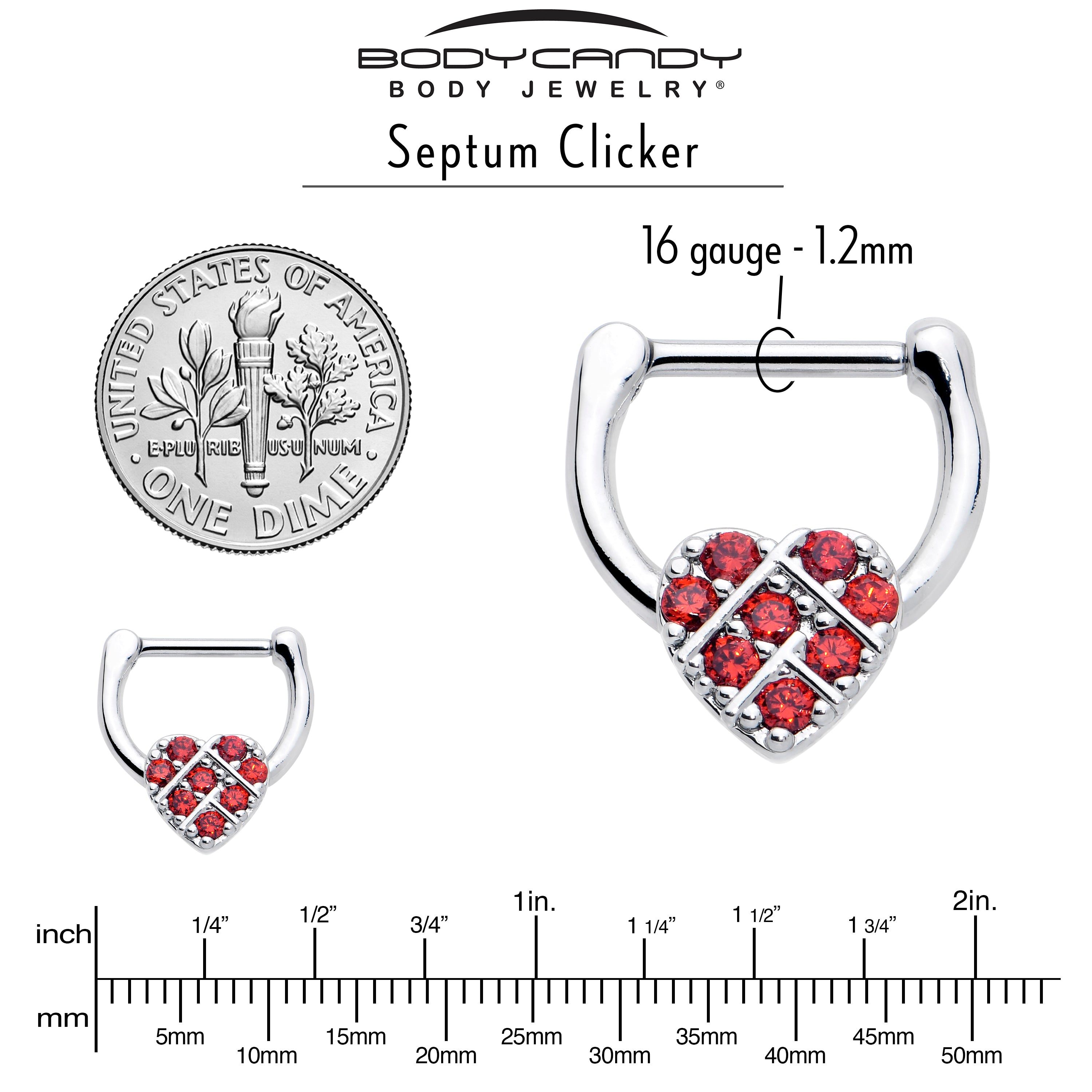 16 Gauge 1/4 Red CZ Gem Lattice Heart Cartilage Clicker (Select Color)