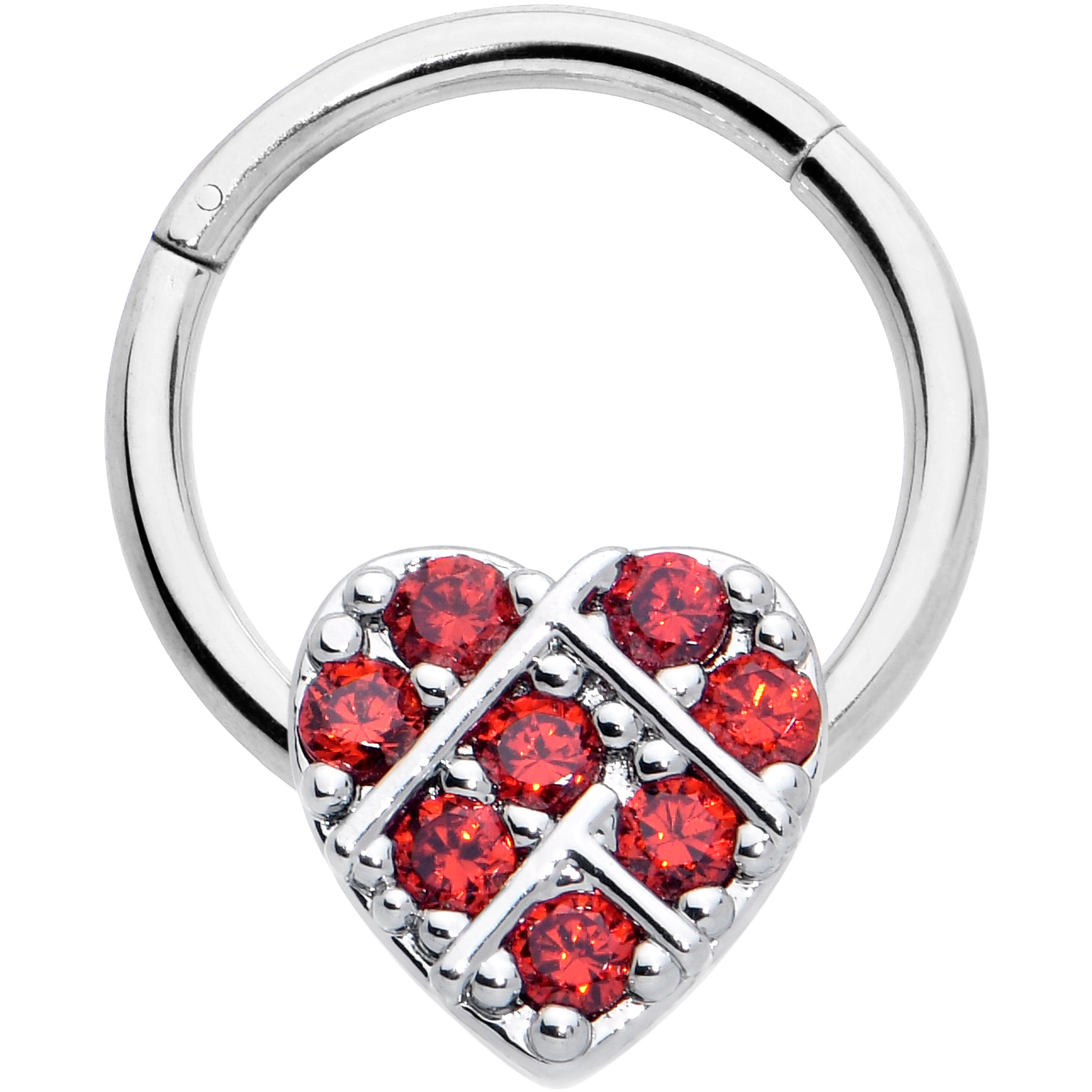 16G 3/8 Red CZ Gem Lattice Heart Hinged Segment Ring