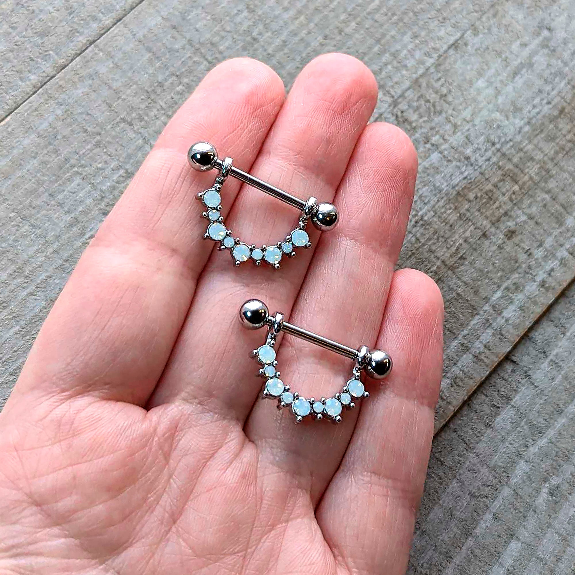 14G 9/16 White Synthetic Opal October Birthstone Nipple Shield Set