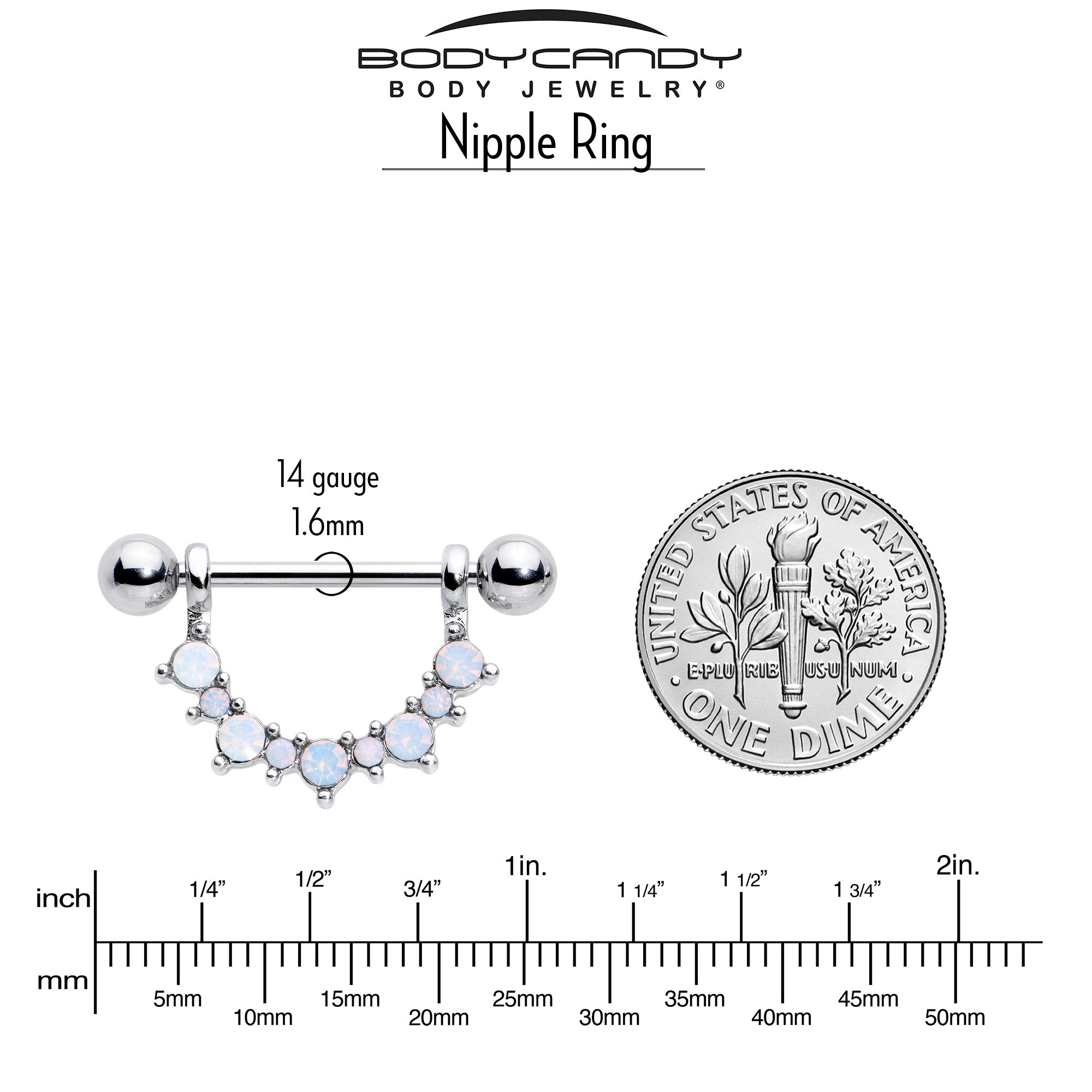 14 Gauge 9/16 White Synthetic Opal October Birthstone Nipple Shield Set