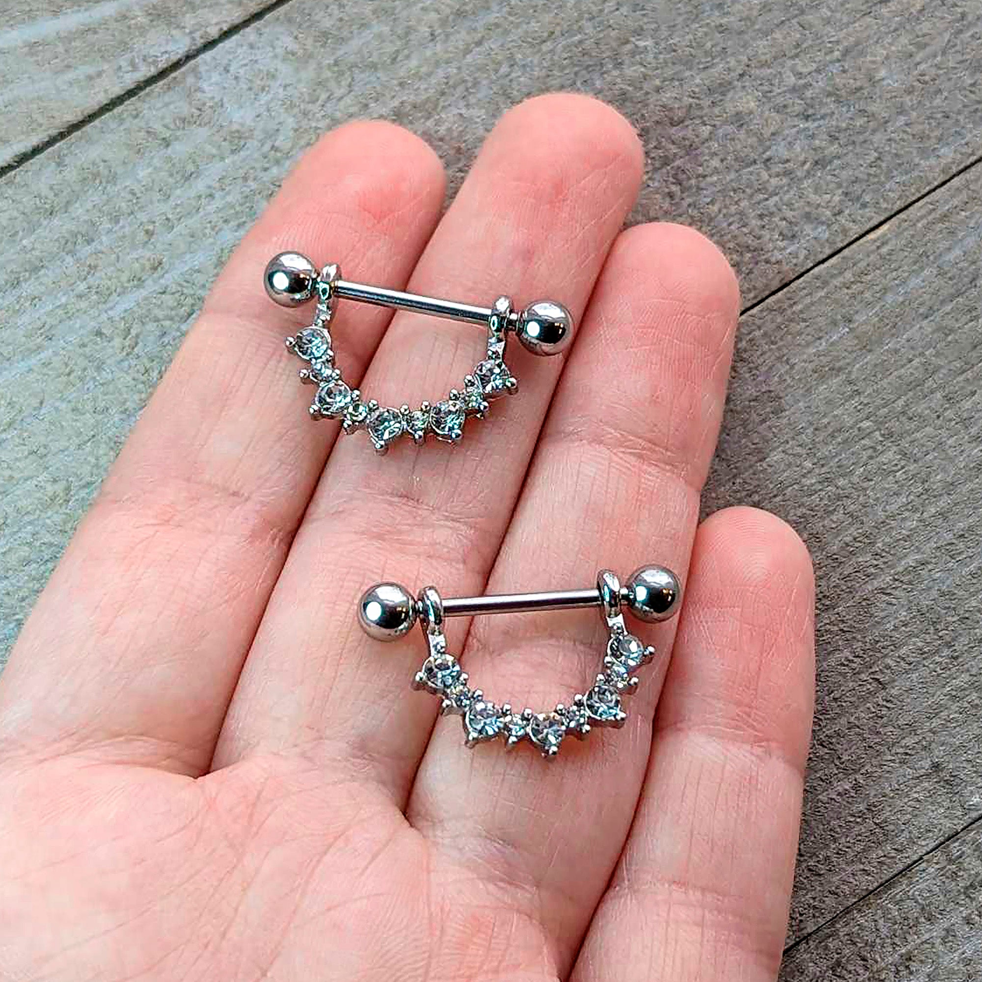 14G 9/16 Clear CZ Gem April Birthstone Dangle Nipple Shield Set