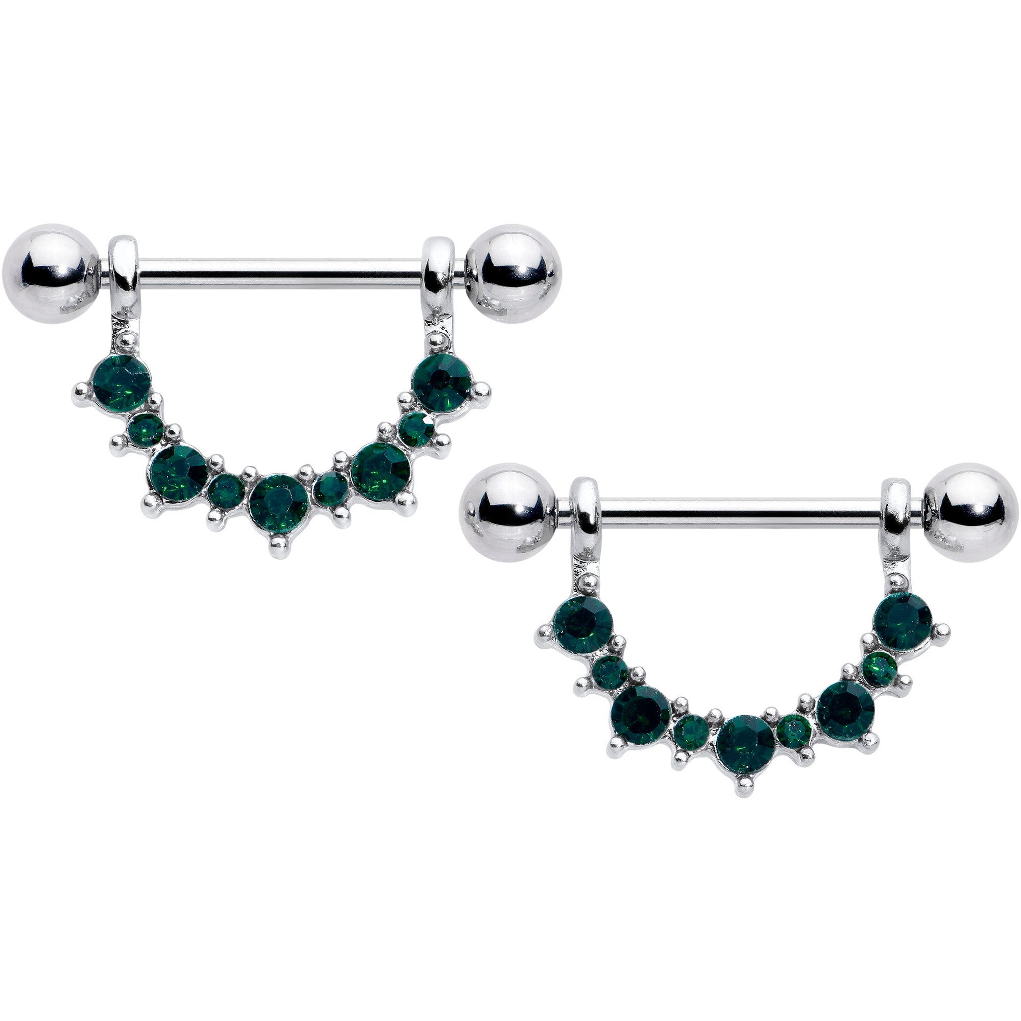 14G 9/16 Green CZ Gem May Birthstone Dangle Nipple Shield Set