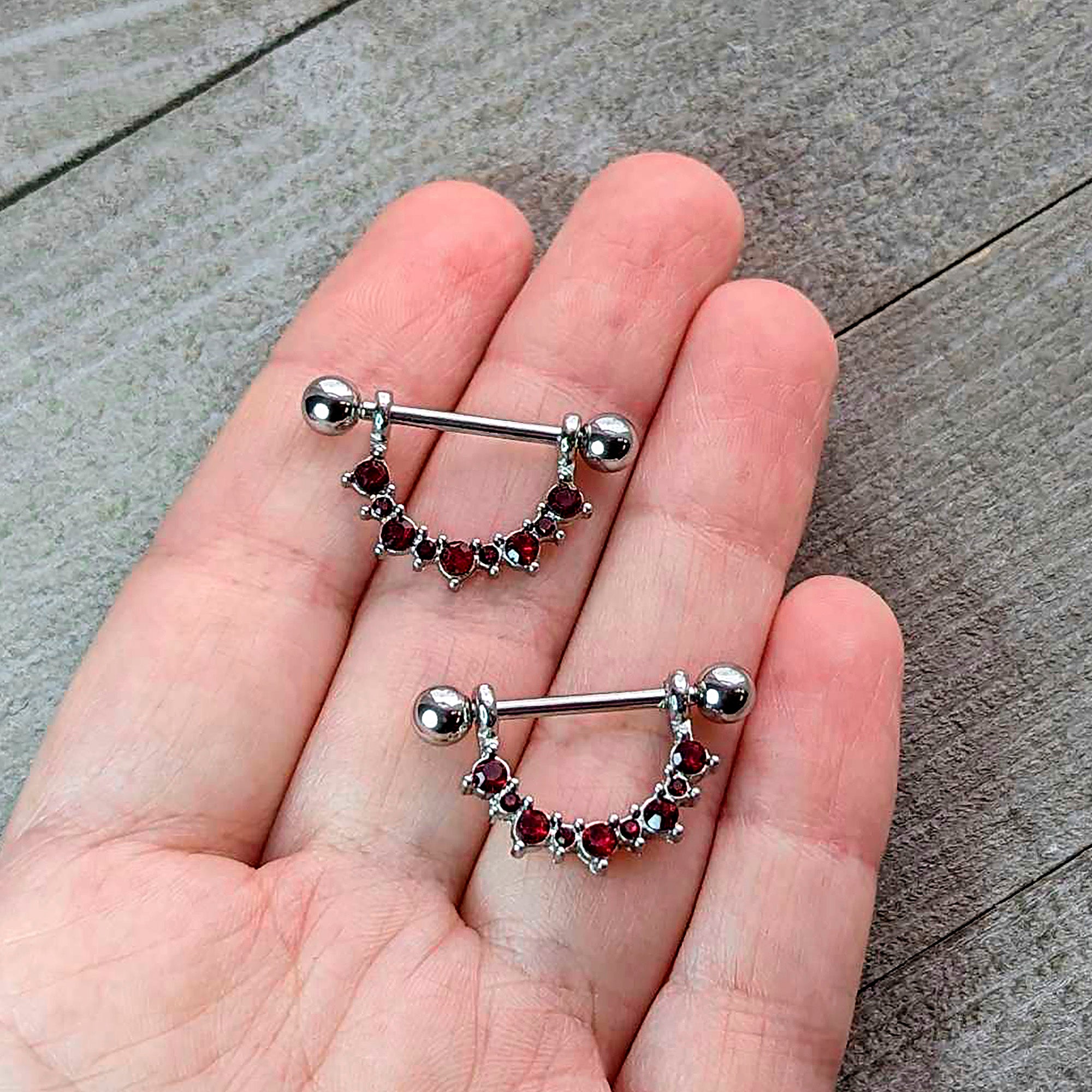 14G 9/16 Red CZ Gem July Birthstone Dangle Nipple Shield Set