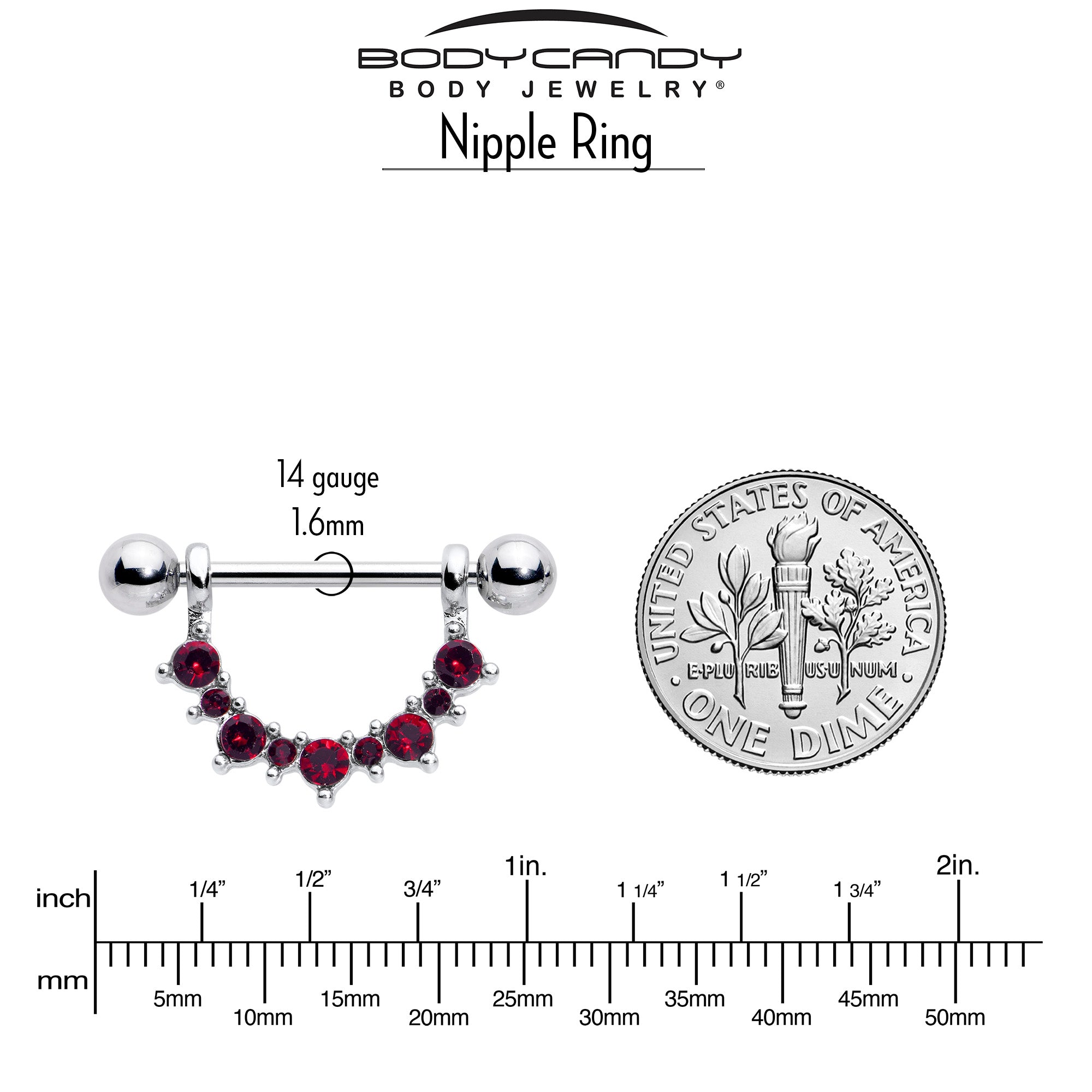14G 9/16 Red CZ Gem July Birthstone Dangle Nipple Shield Set