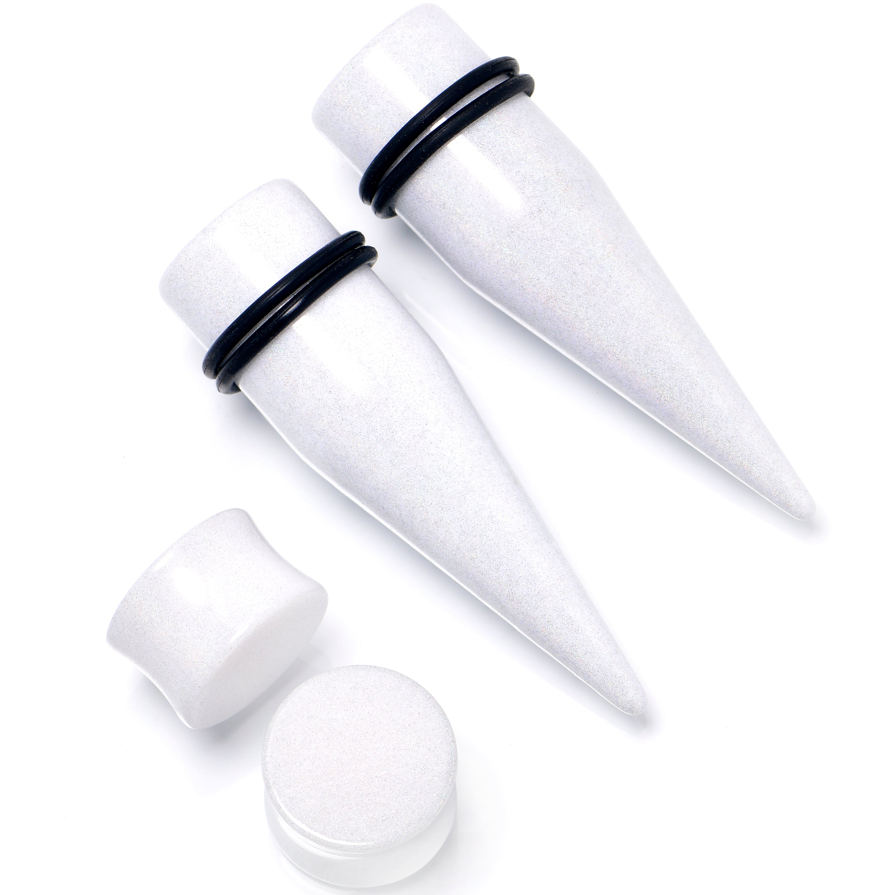 White Acrylic Shimmer Finish Taper Plug Set 6mm to 20mm Sizes