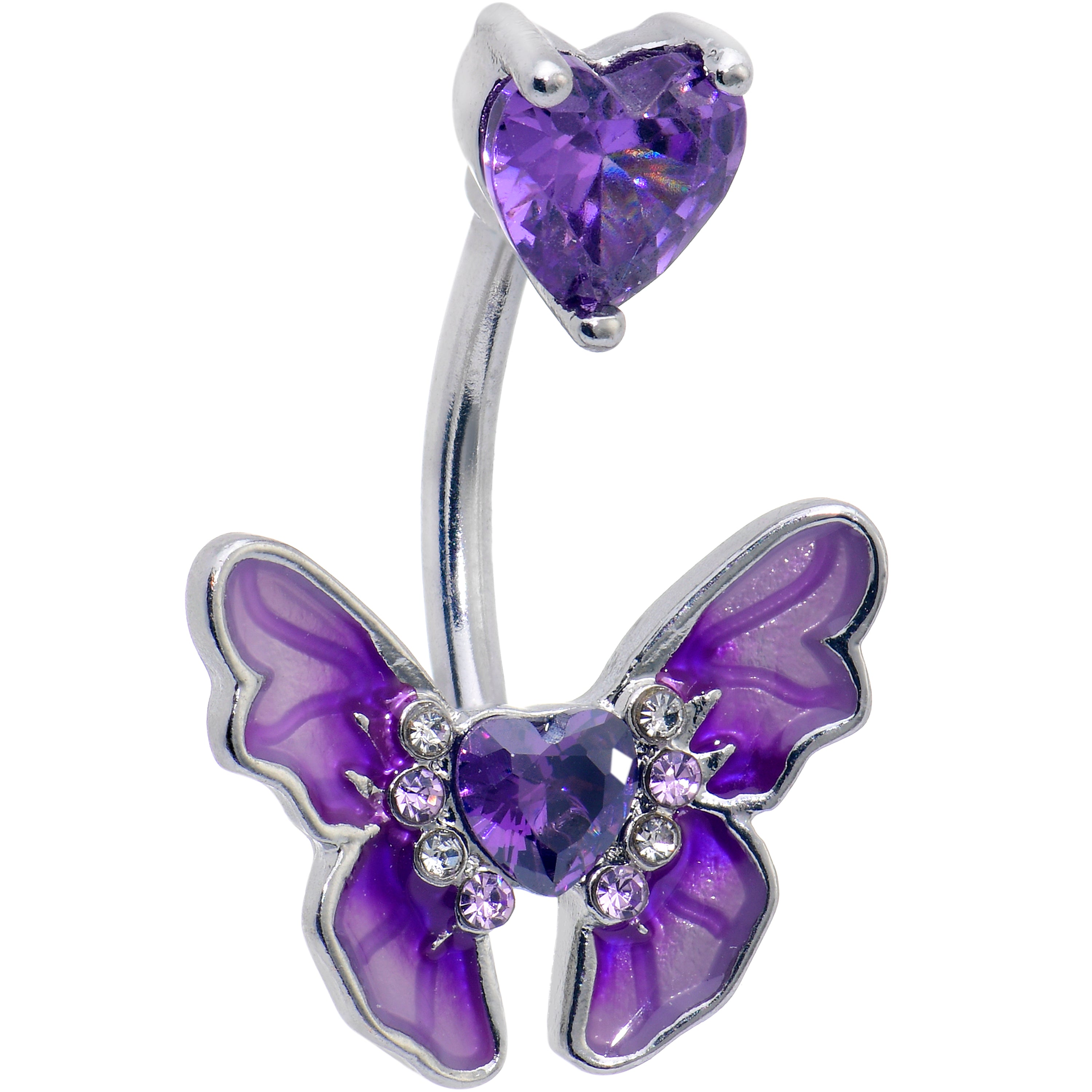 Purple CZ Gem Butterfly Love Heart Double Mount Belly Ring