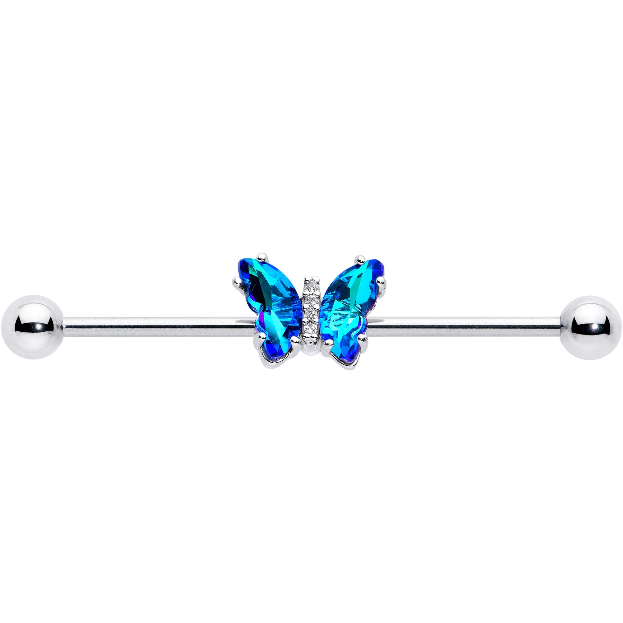 14 Gauge Blue CZ Gem Simply Colorful Butterfly Industrial Barbell 38mm