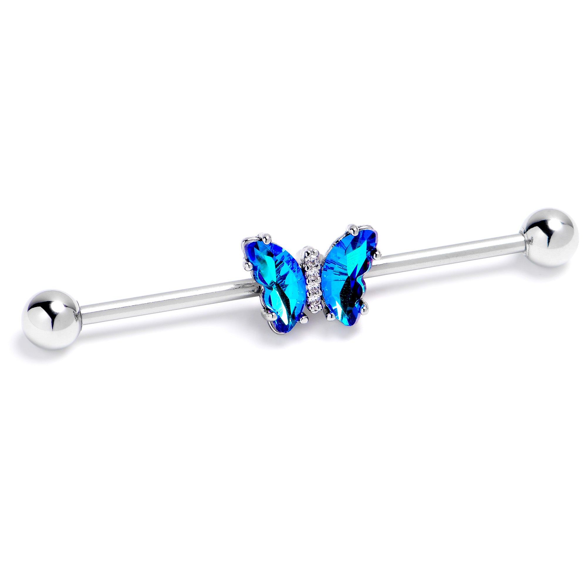 14 Gauge Blue CZ Gem Simply Colorful Butterfly Industrial Barbell 38mm