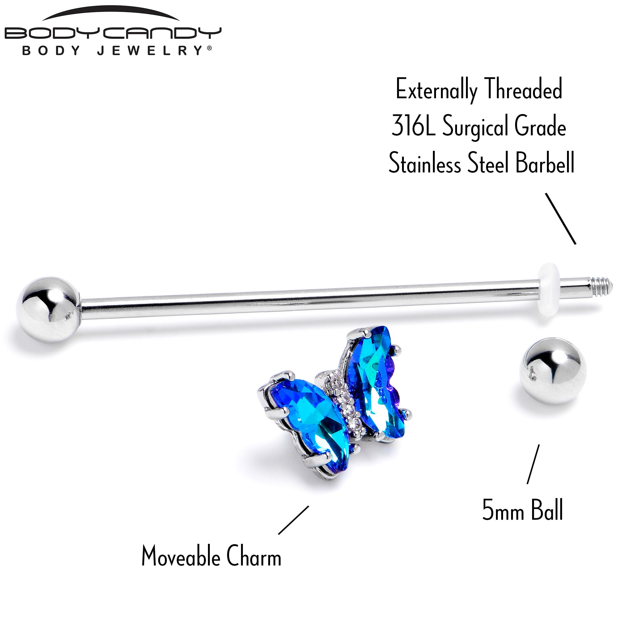 14 Gauge Blue CZ Gem Simply Colorful Butterfly Industrial Barbell 38mm