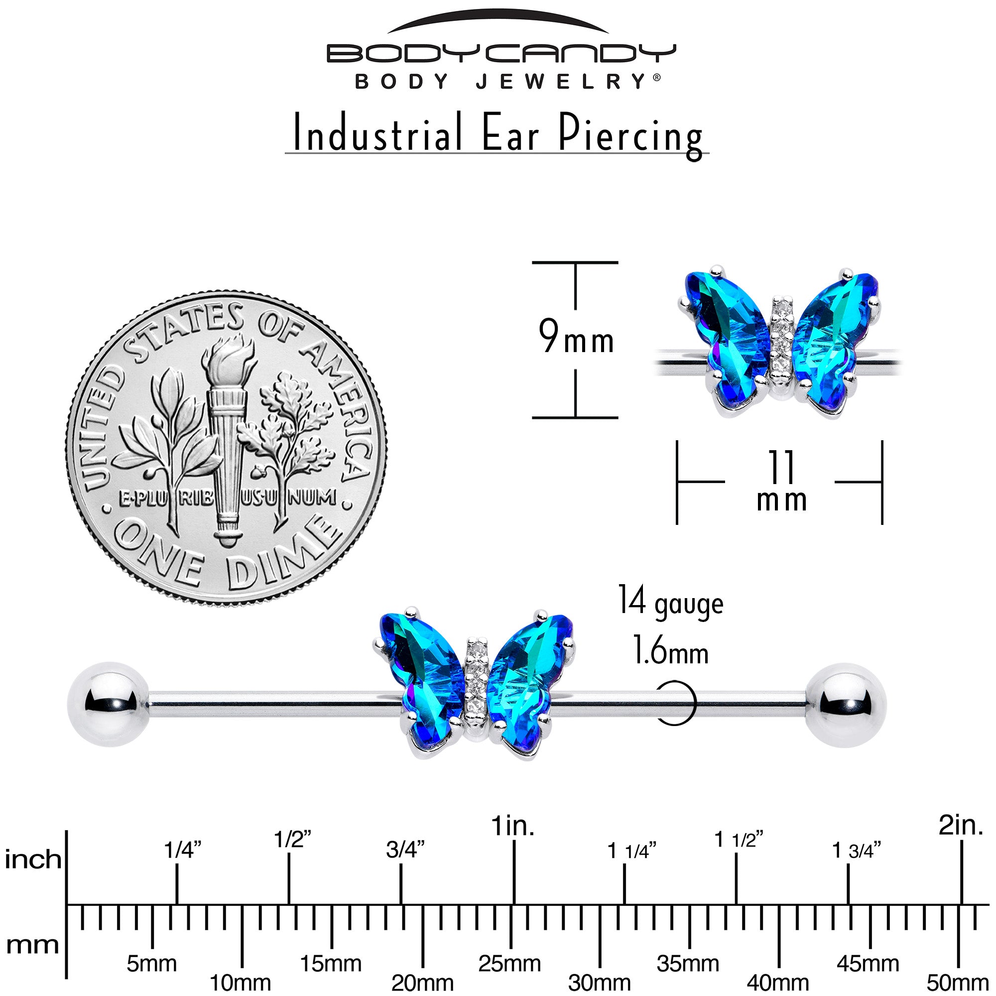 14 Gauge Blue CZ Gem Simply Colorful Butterfly Industrial Barbell 38mm