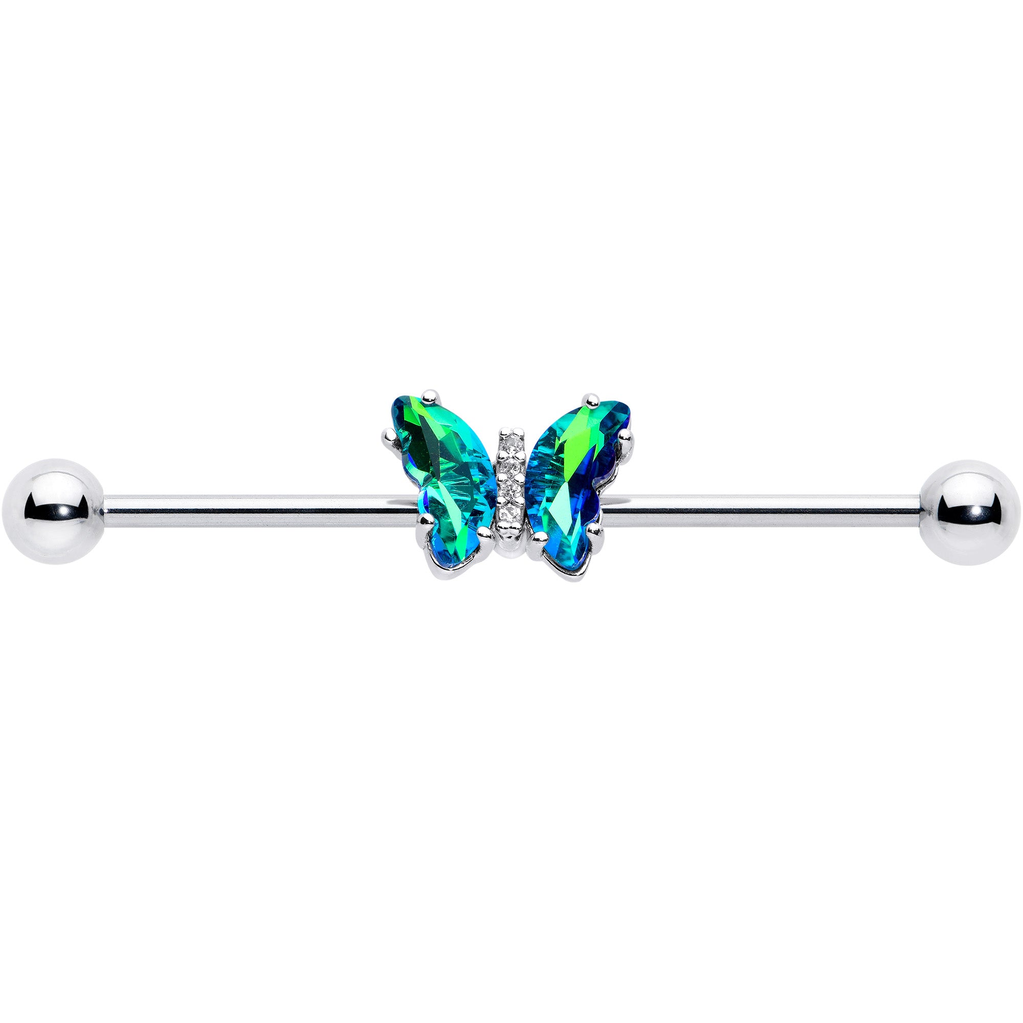 14 Gauge Green CZ Gem Simply Colorful Butterfly Industrial Barbell 38mm