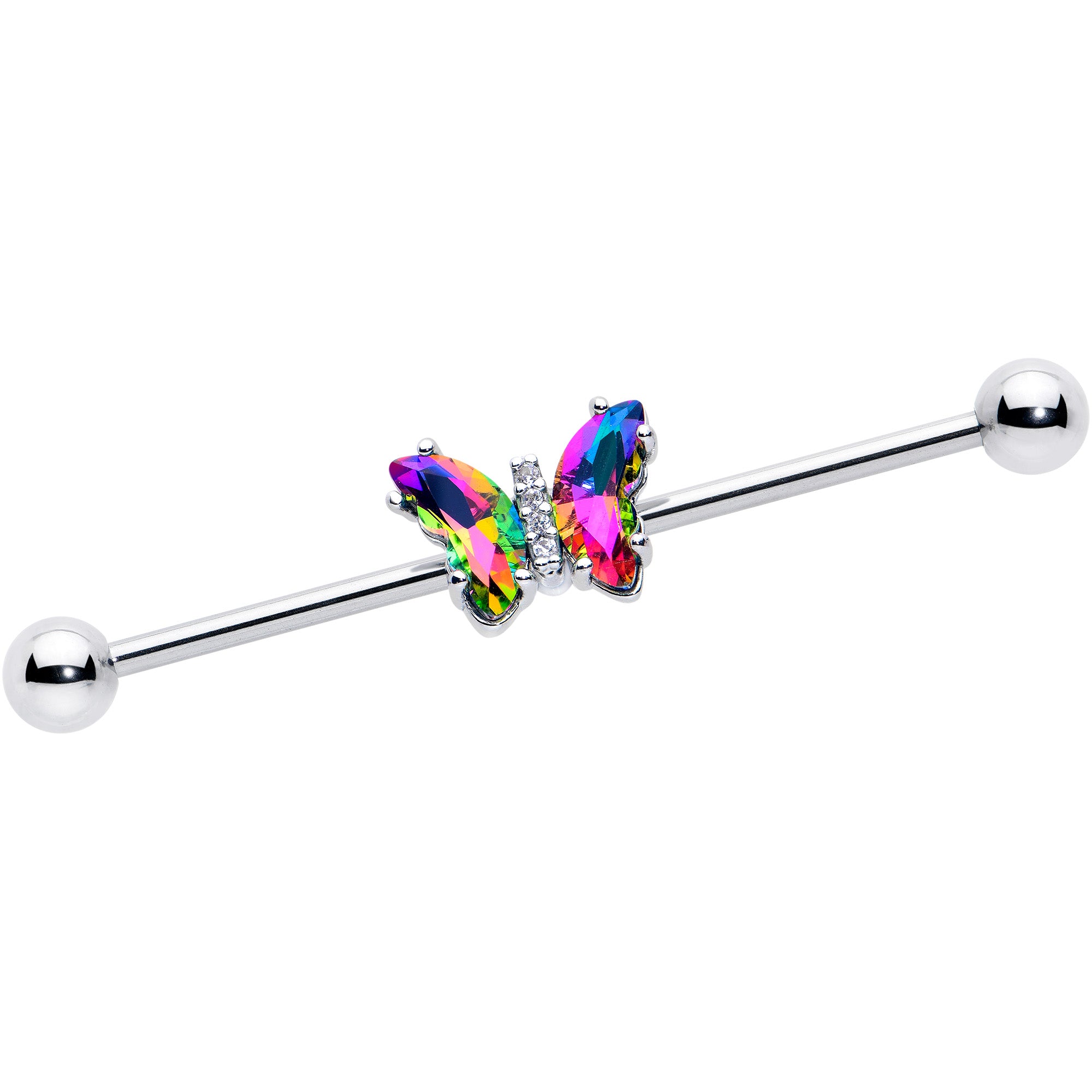 14 Gauge Rainbow CZ Gem Simply Colorful Butterfly Industrial Barbell 38mm