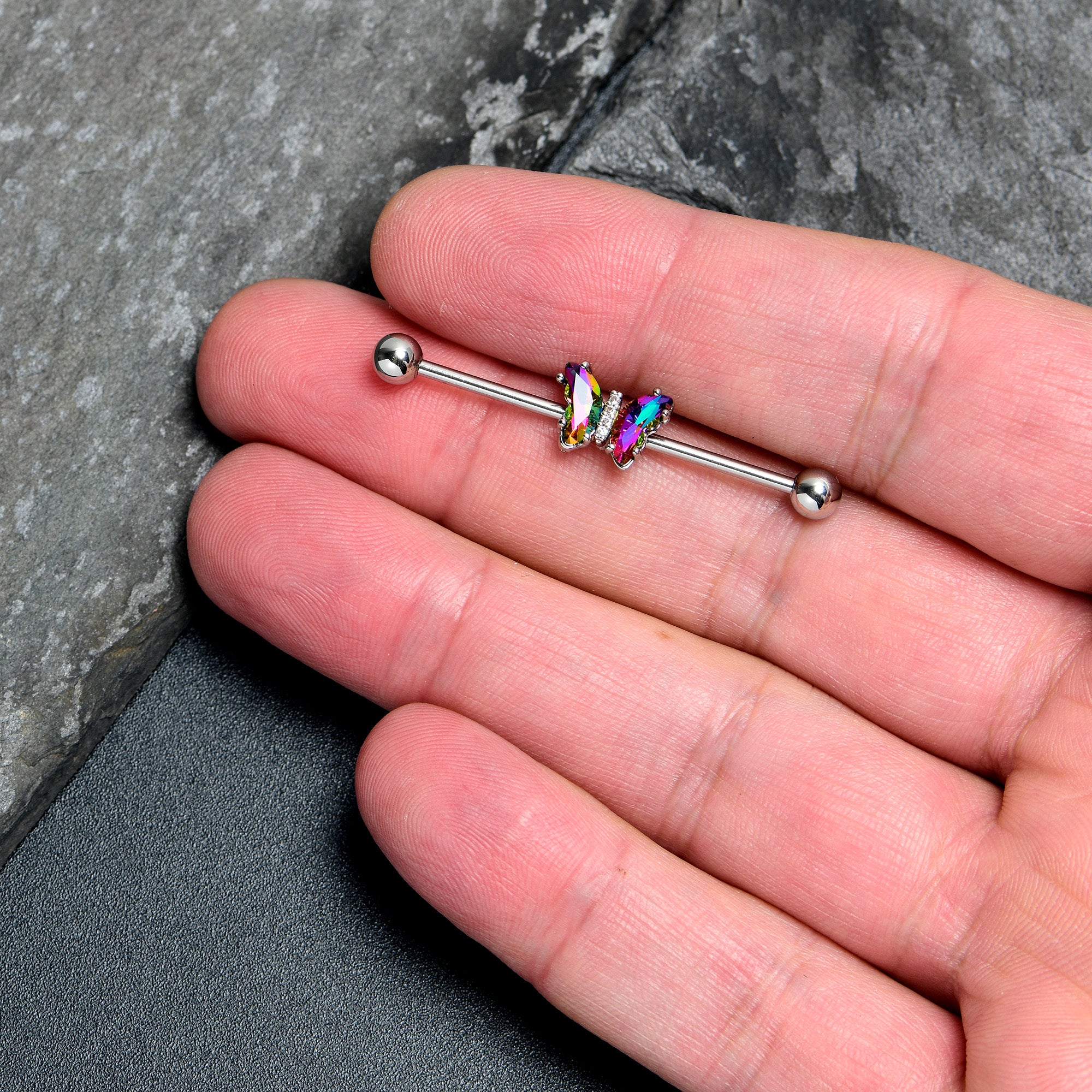 14G Rainbow CZ Gem Simply Colorful Butterfly Industrial Barbell 38mm