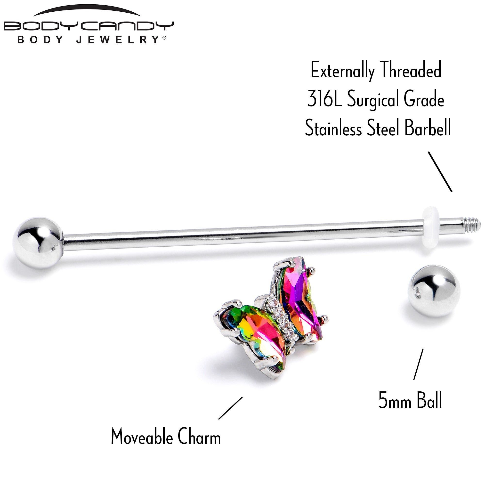 14 Gauge Rainbow CZ Gem Simply Colorful Butterfly Industrial Barbell 38mm