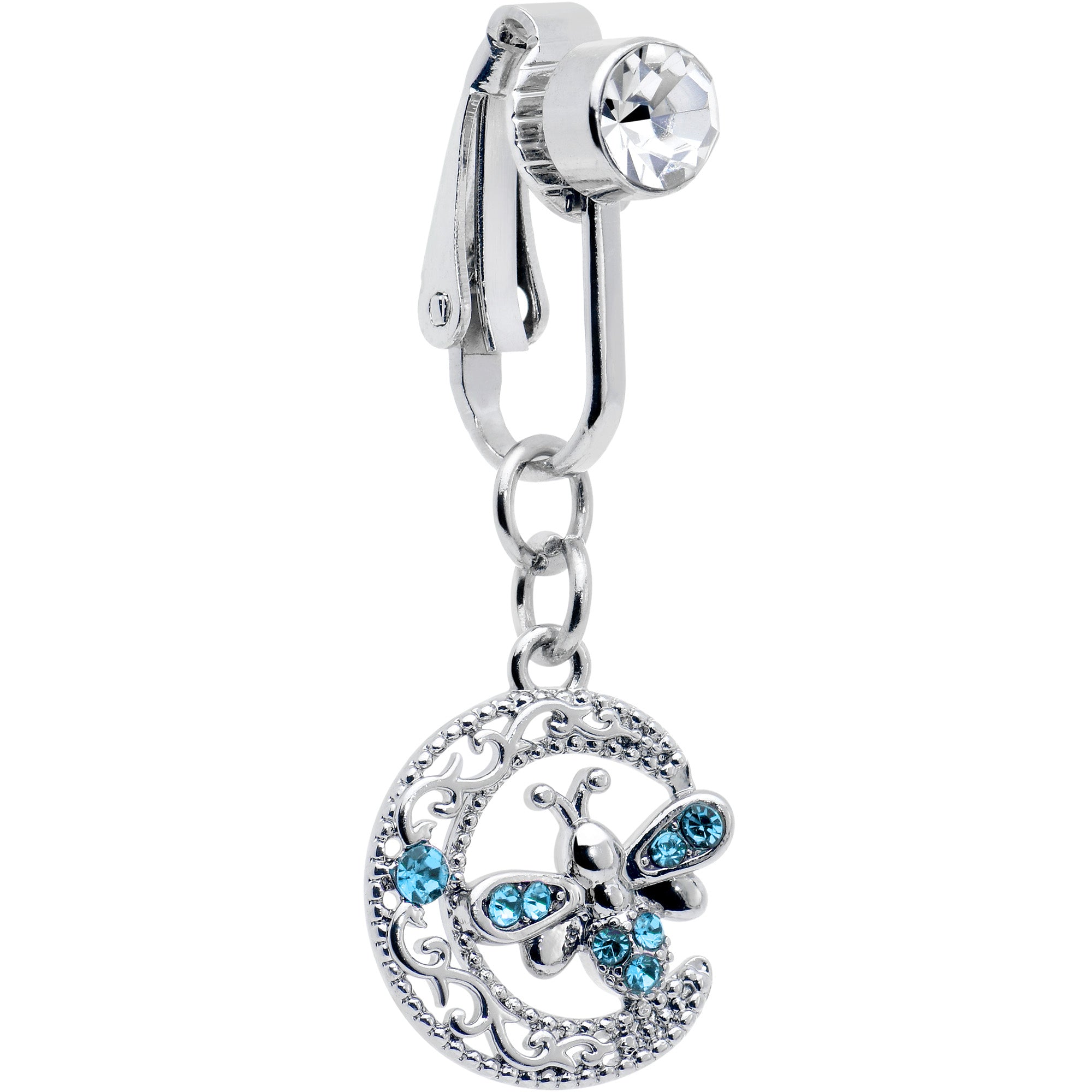 Blue CZ Gem Dragonfly Heart Dangle Clip on Fake Belly Ring