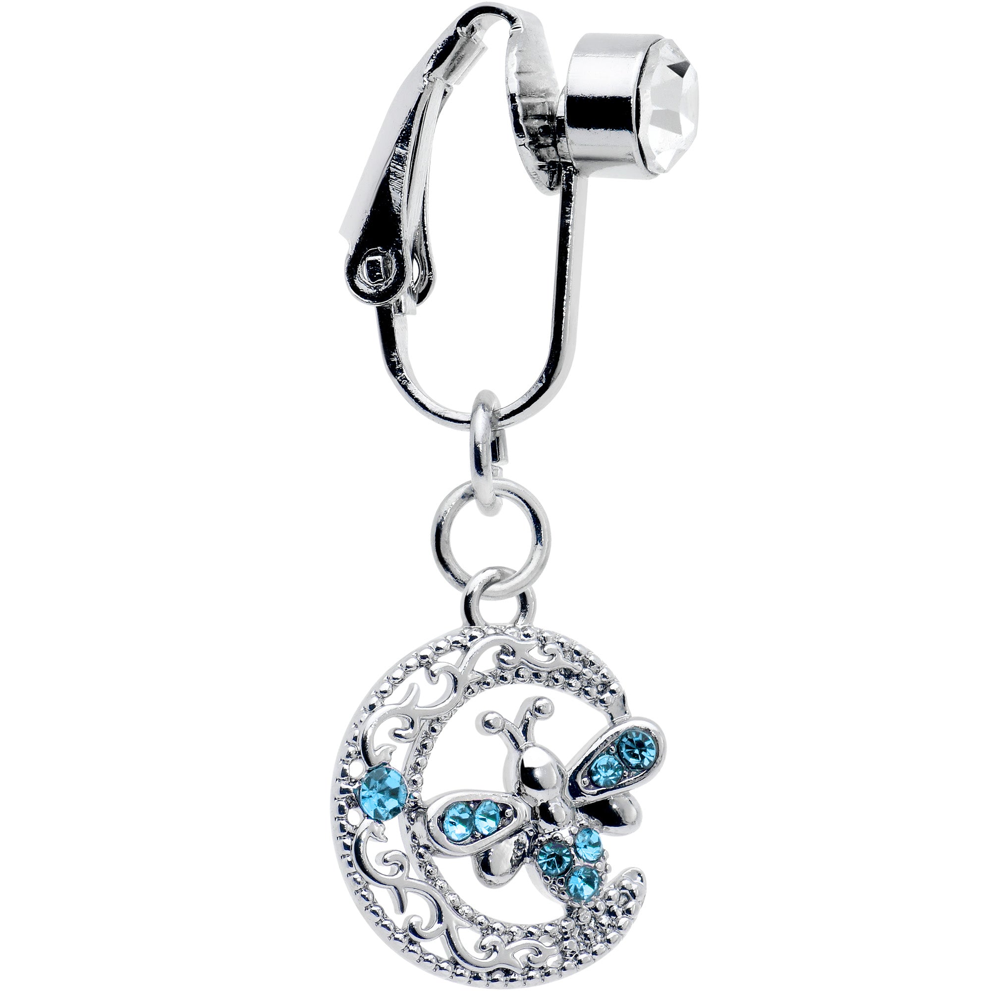 Blue Gem Lunar Dragonfly Fake Clip On Belly Ring