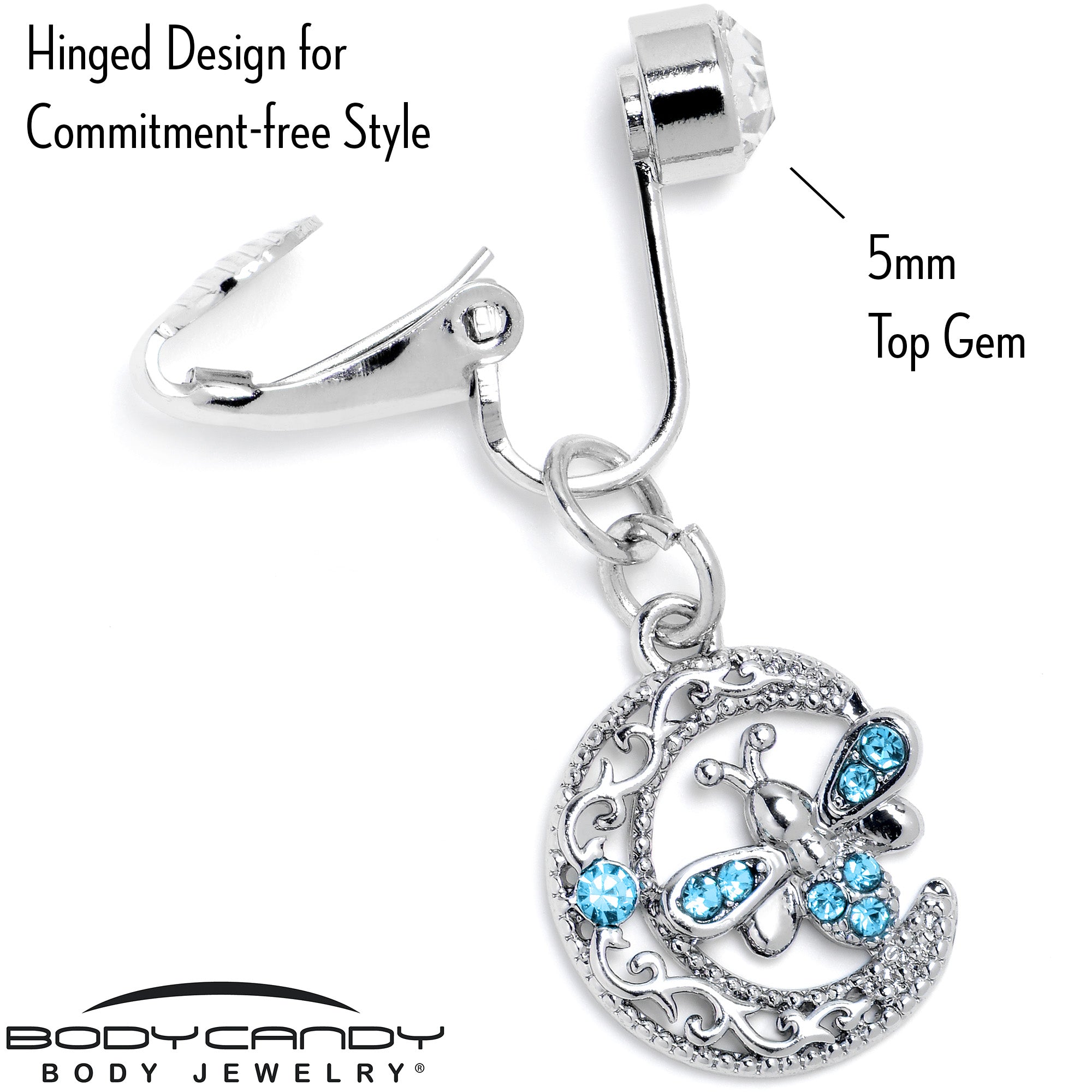 Blue Gem Lunar Dragonfly Fake Clip On Belly Ring