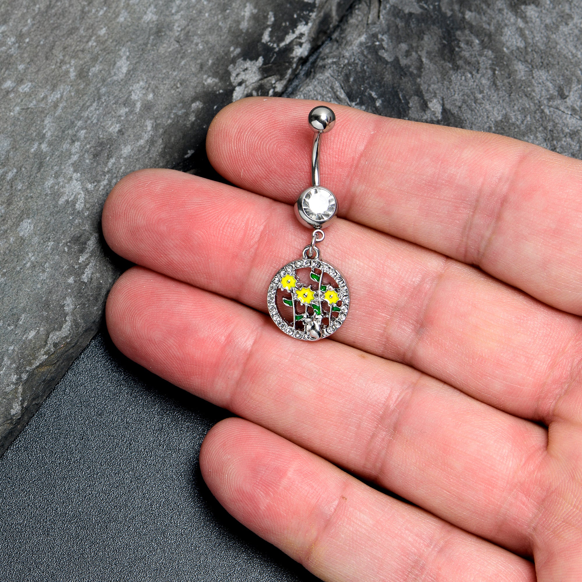 Clear Gem Cat Yellow Flowers Dangle Belly Ring