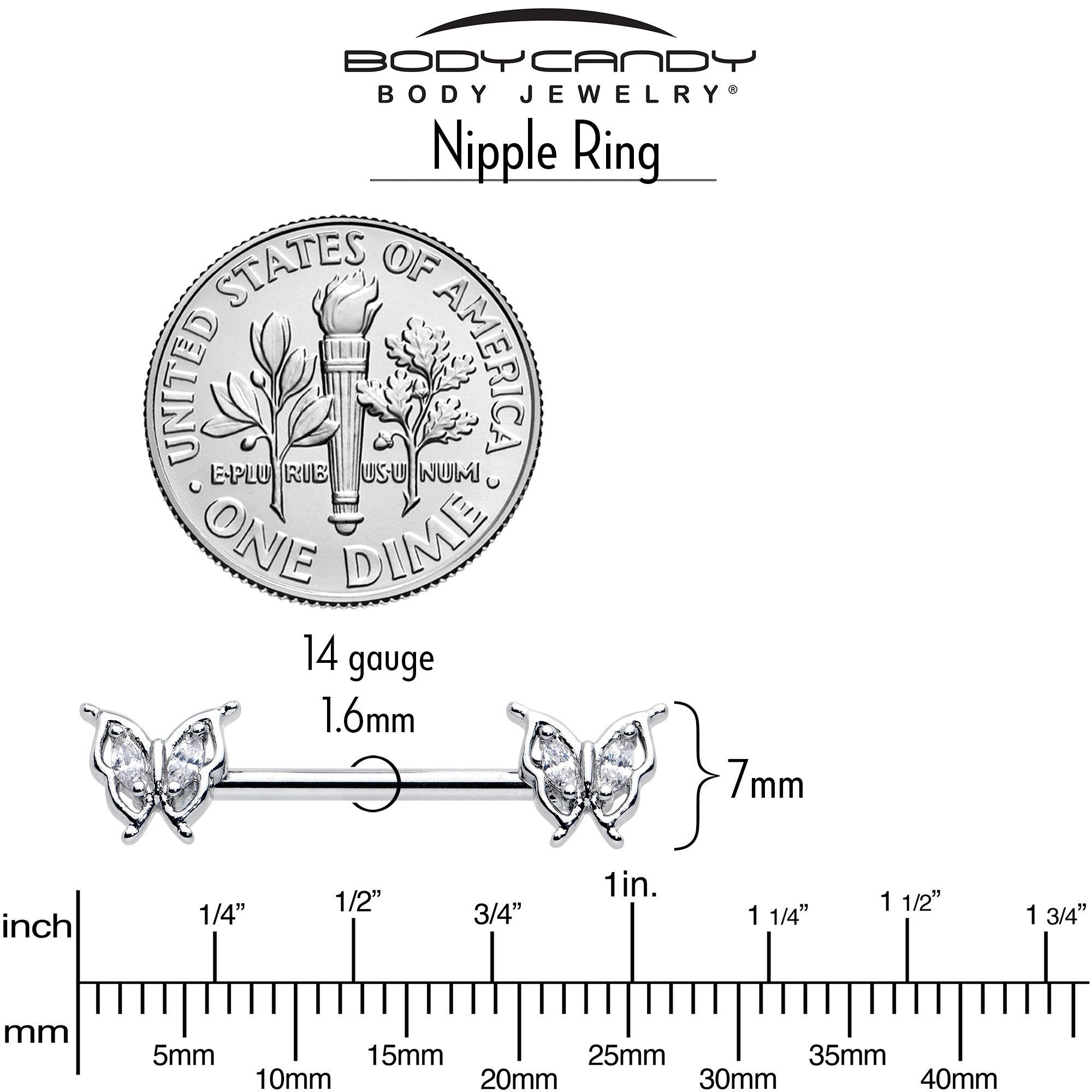 14G 9/16 Clear Gem Fancy Fab Butterfly Barbell Nipple Ring Set