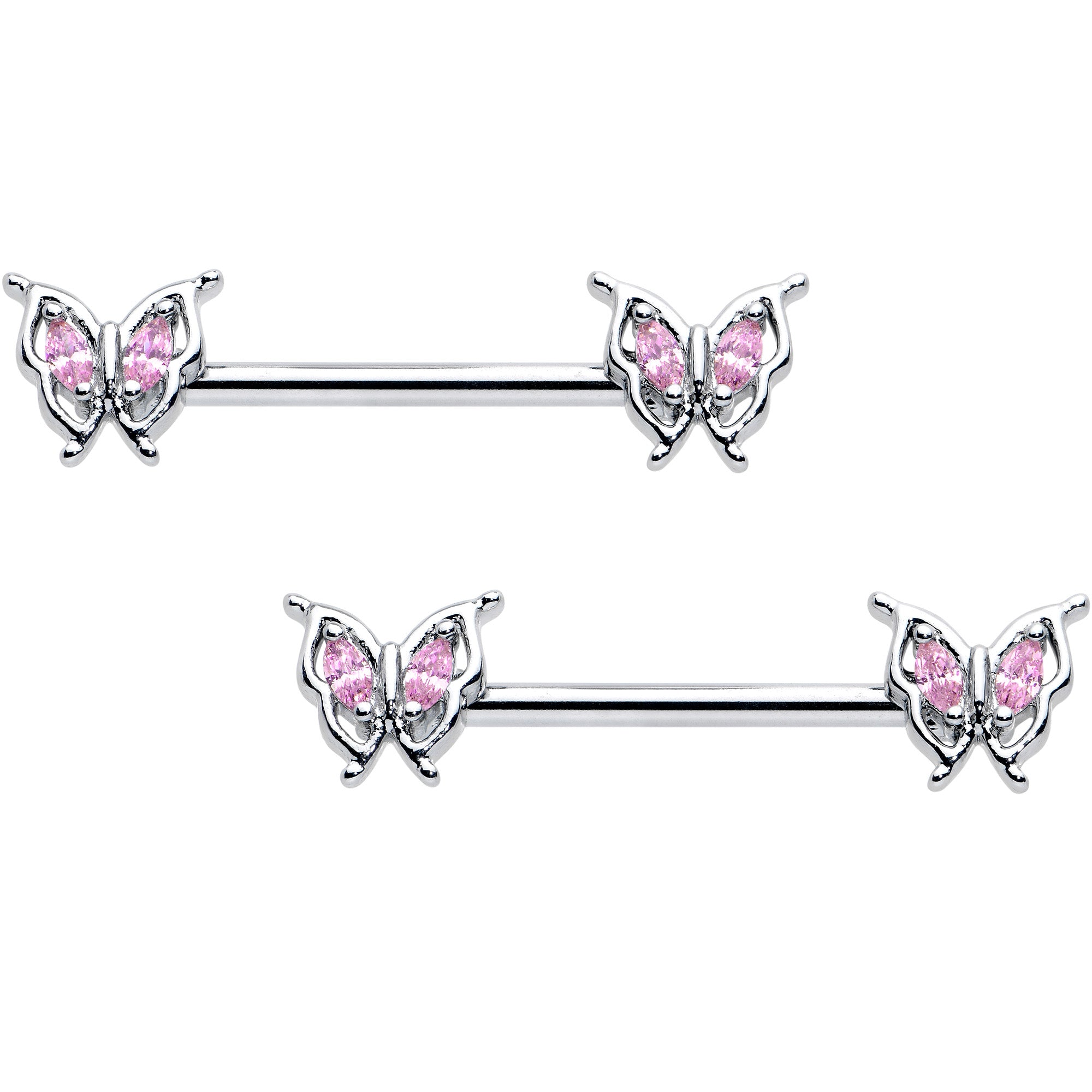 14G 9/16 Pink Gem Fancy Fab Butterfly Barbell Nipple Ring Set
