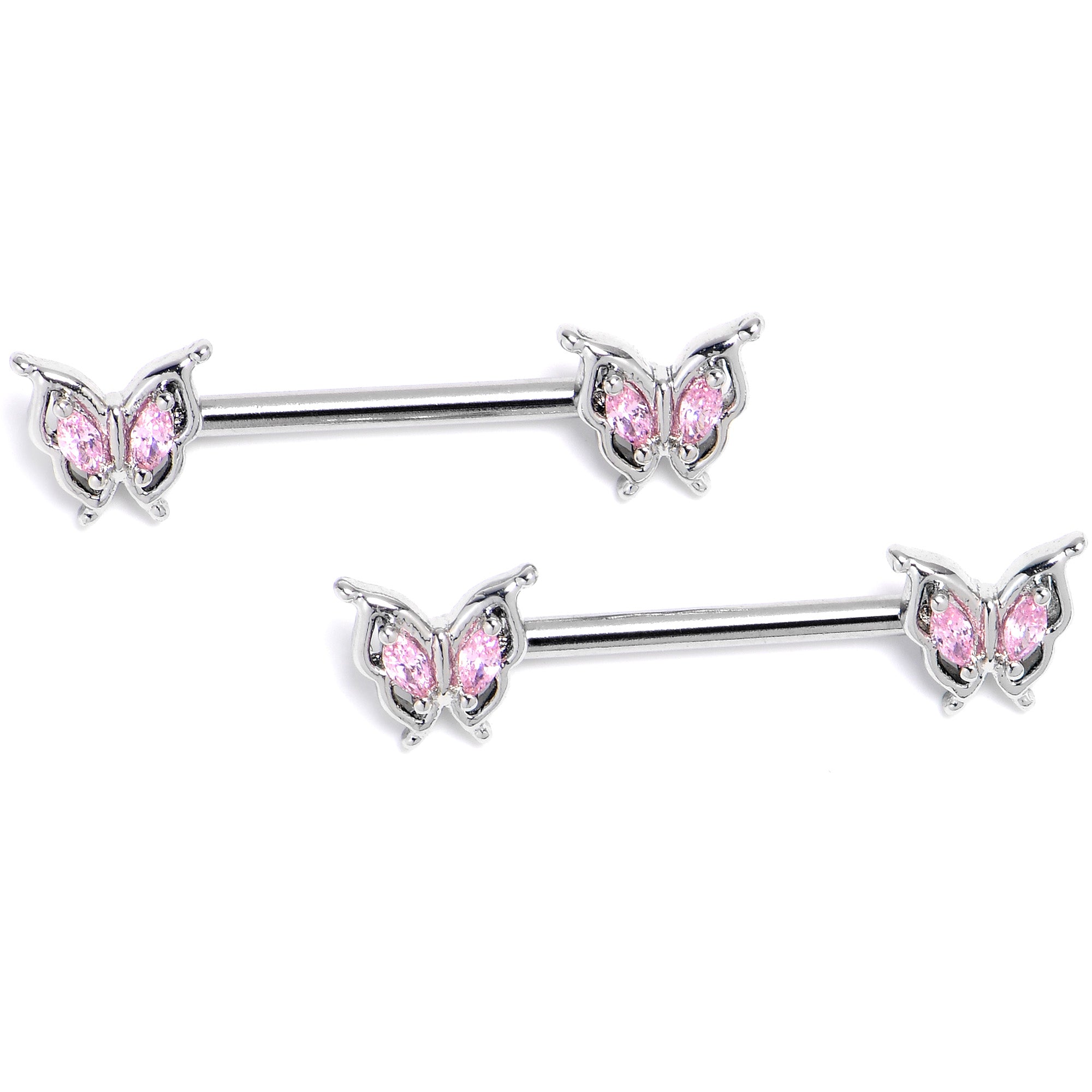 14G 9/16 Pink Gem Fancy Fab Butterfly Barbell Nipple Ring Set