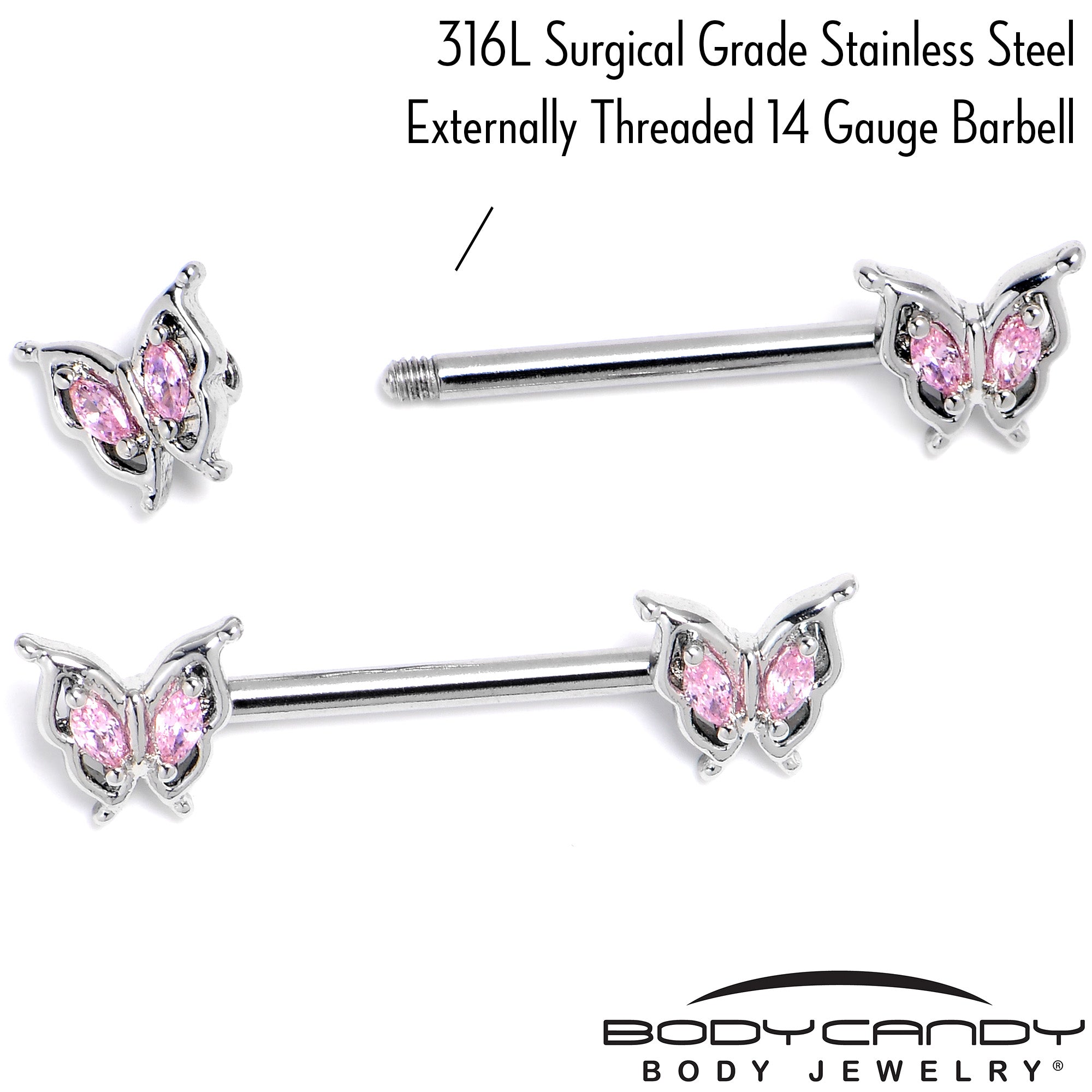 14 Gauge 9/16 Pink Gem Fancy Fab Butterfly Barbell Nipple Ring Set