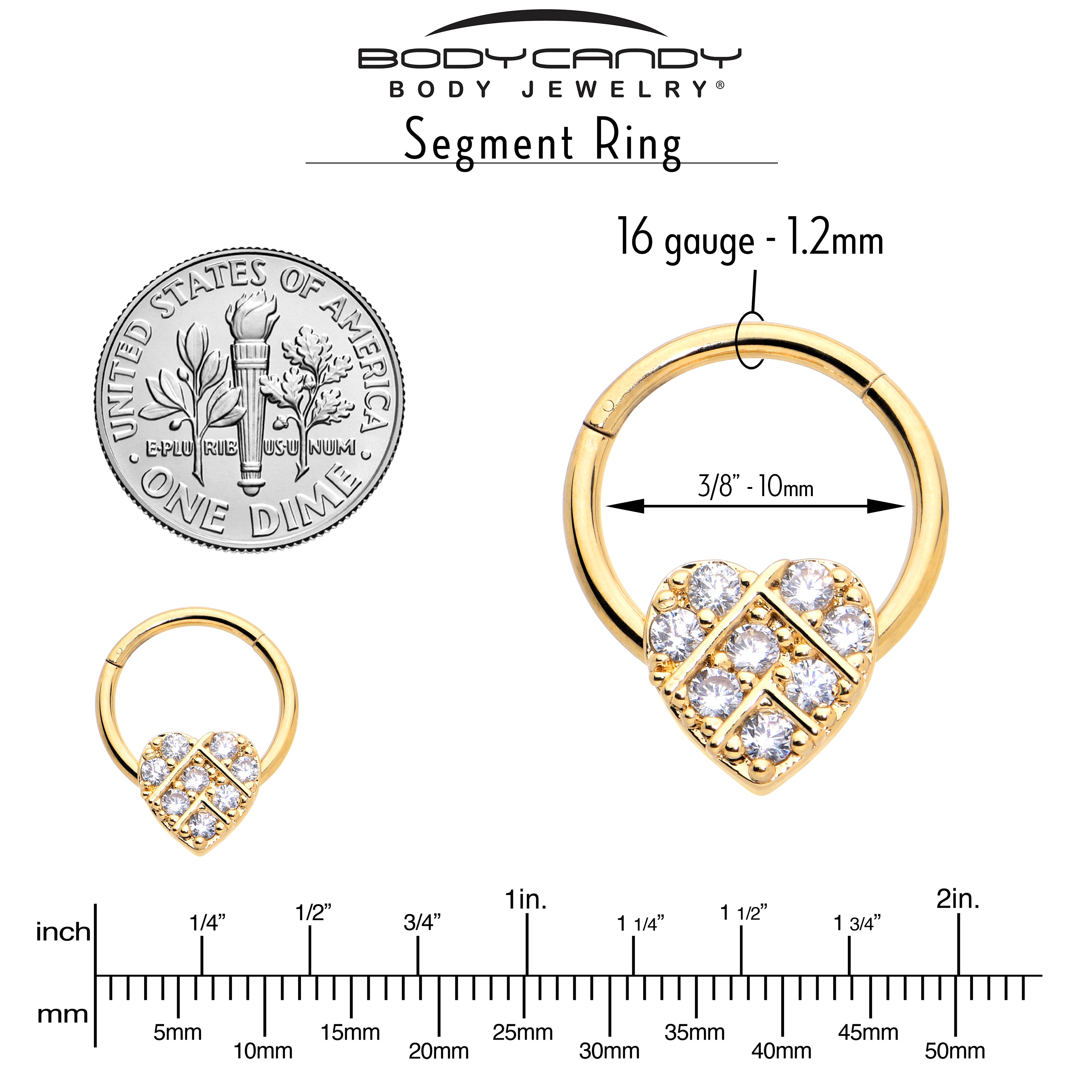 16G 3/8 Clear CZ Gem Gold Tone Lattice Heart Hinged Segment Ring