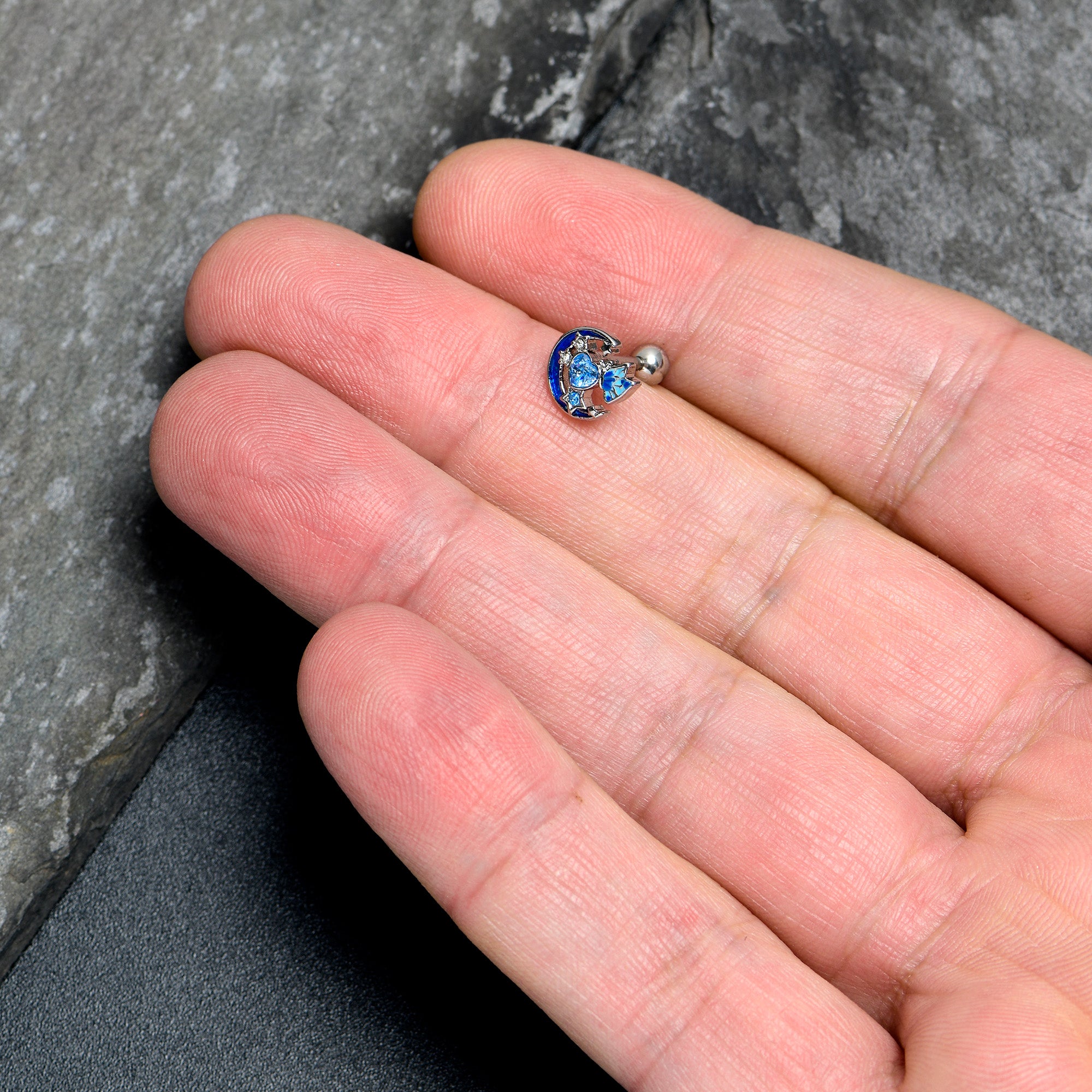 16G 1/4 Blue CZ Gem Butterfly Love Heart Cartilage Tragus Earring