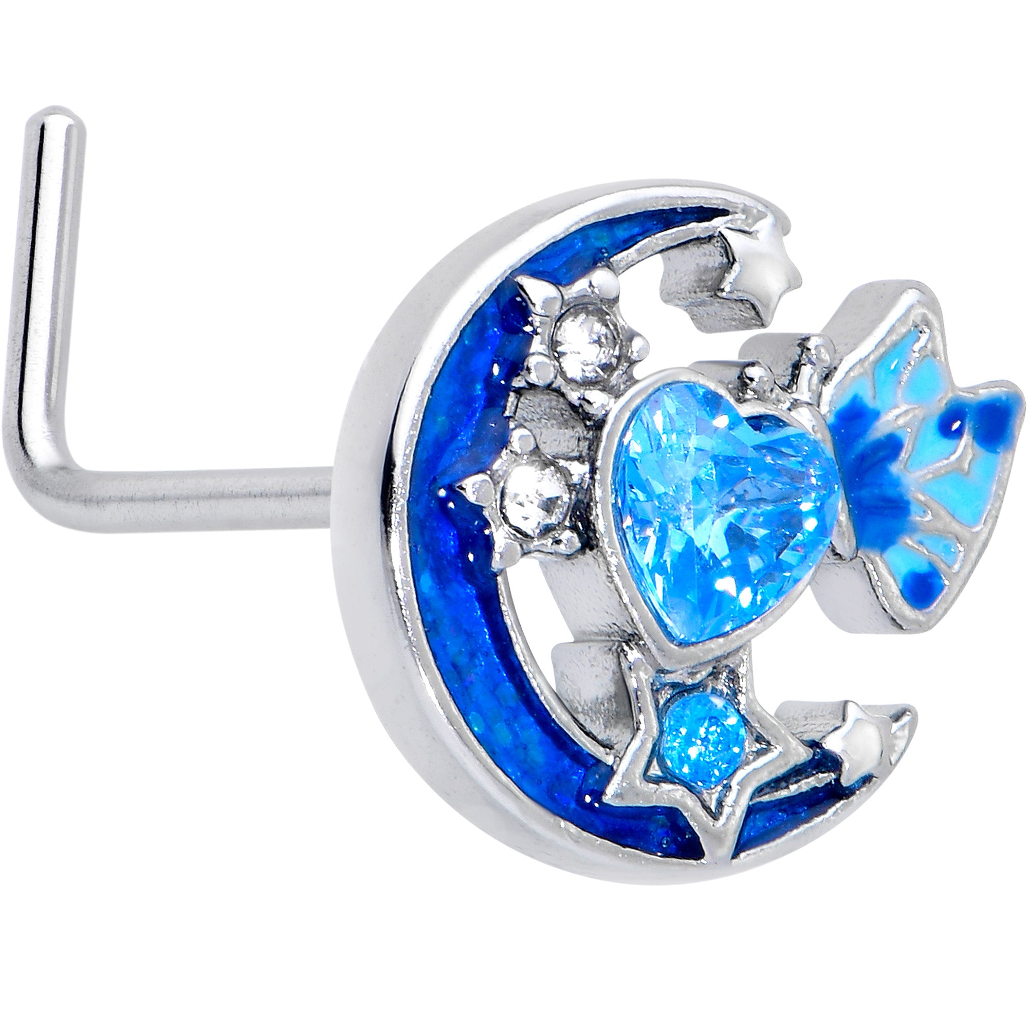 20G 7mm Blue CZ Gem Moon Butterfly Love Heart L Shape Nose Ring