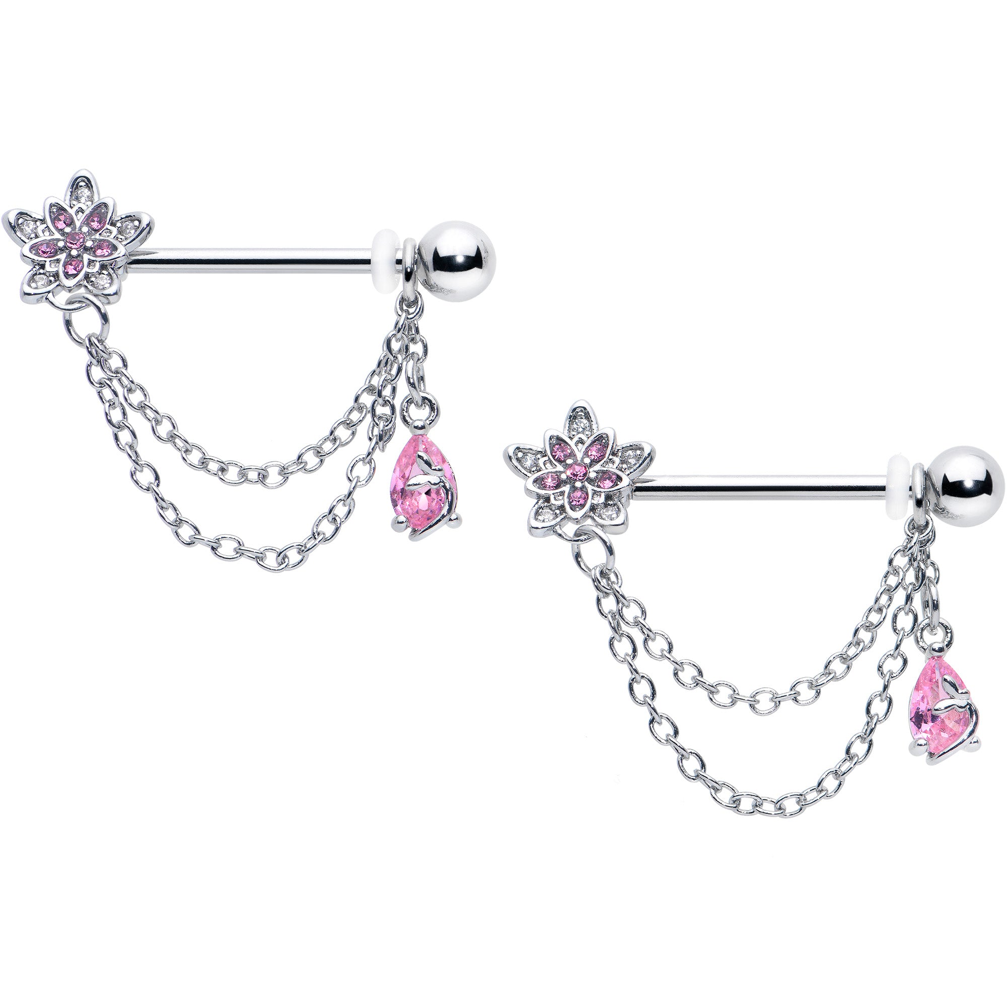 14G 9/16 Pink CZ Gem Snowflake Flower Chain Dangle Nipple Ring Set