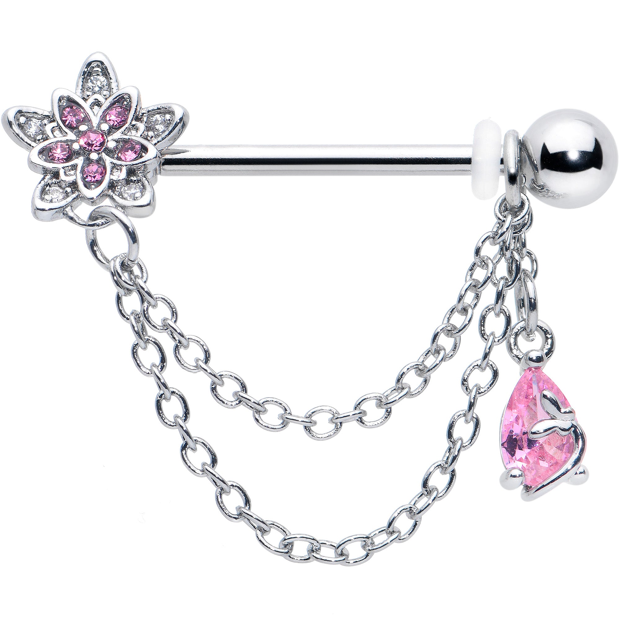 14 Gauge 9/16 Pink CZ Gem Snowflake Flower Chain Dangle Nipple Ring Set