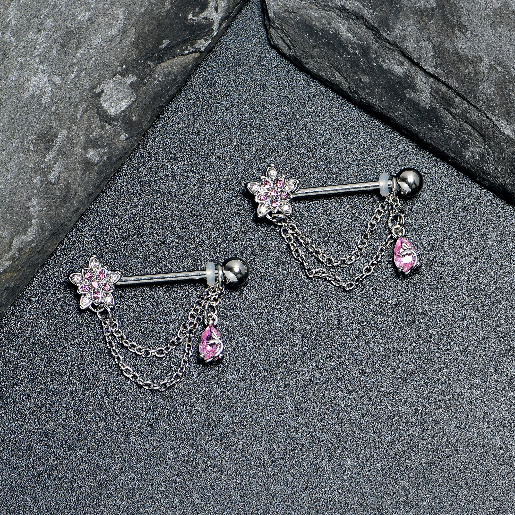 14G 9/16 Pink CZ Gem Snowflake Flower Chain Dangle Nipple Ring Set